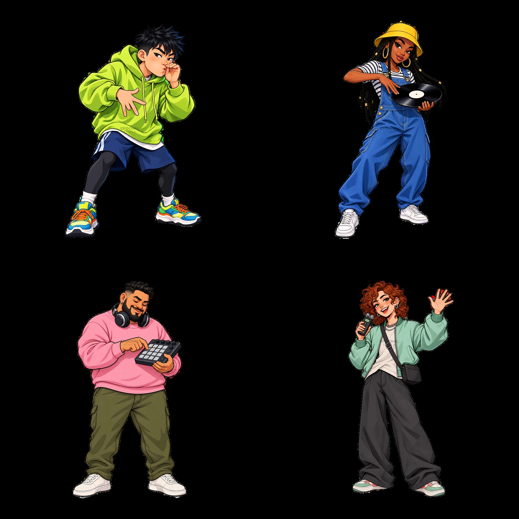 Hip-hop artists performing with music props in a 2x2 layout - AI-generated stock image