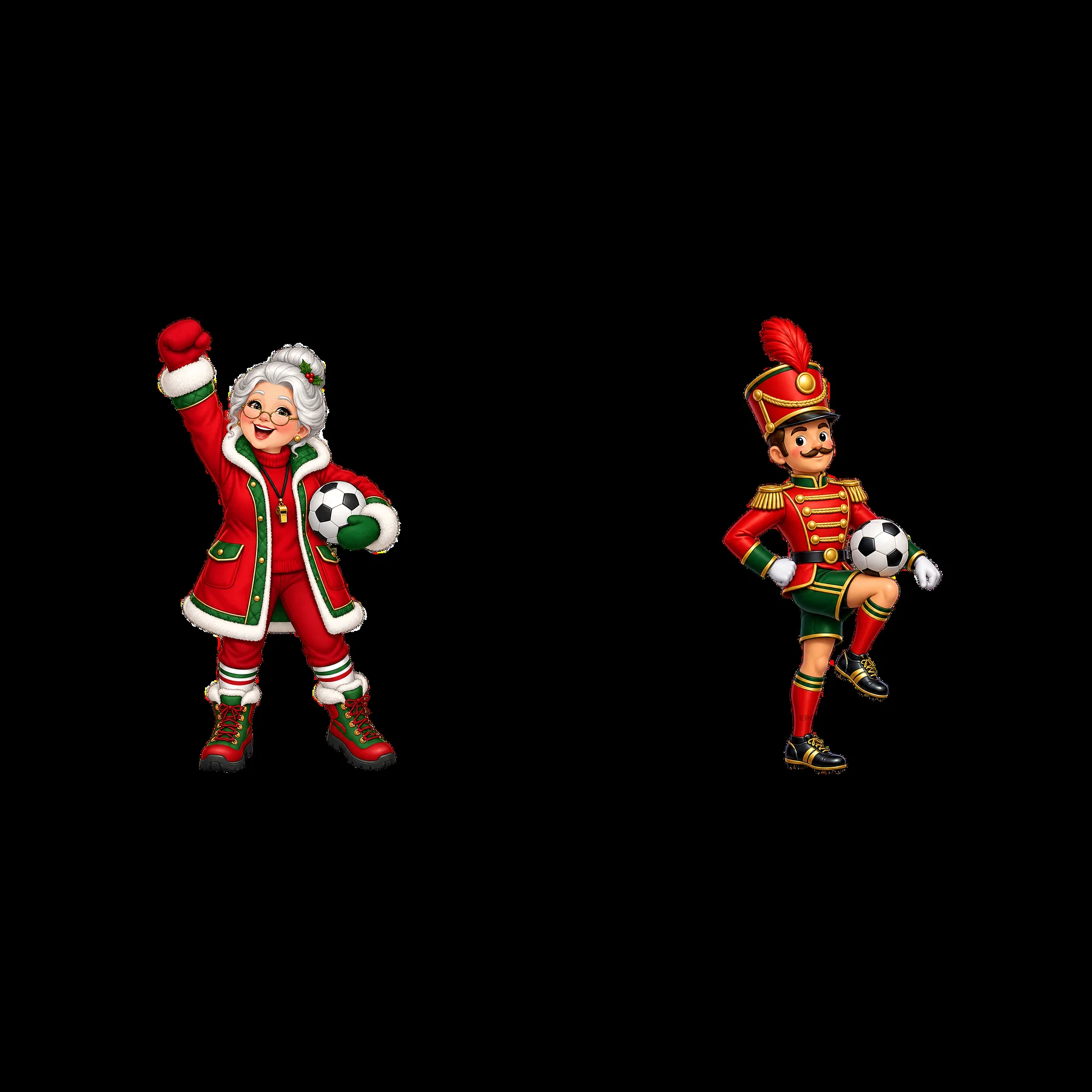 Christmas goal soccer characters with festive outfits - AI-generated stock image