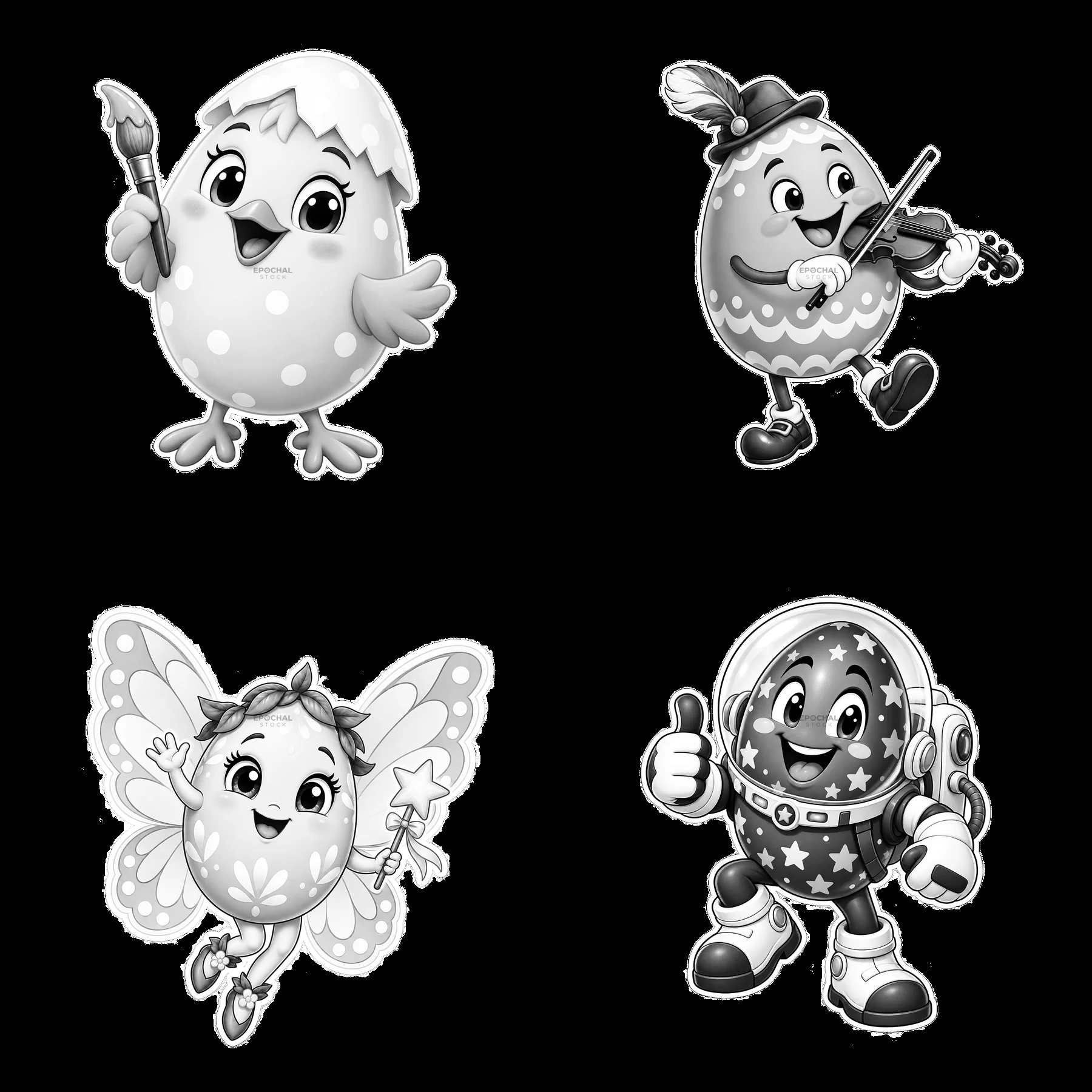 Monochrome four cartoon figure stickers in a square arrangement - AI-generated stock image