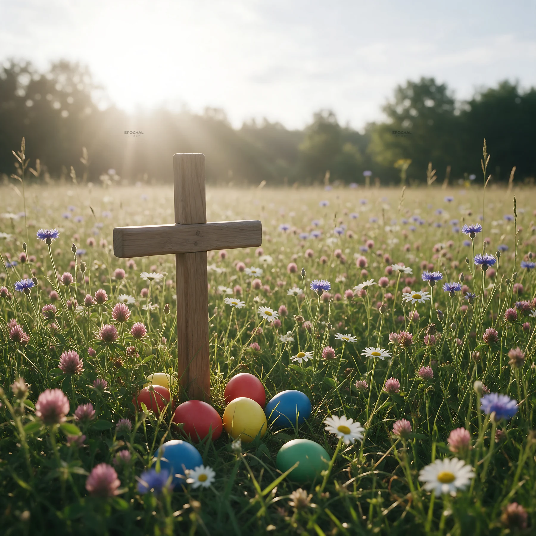 Christian cross in meadow with colorful eggs and light rays - AI-generated stock image