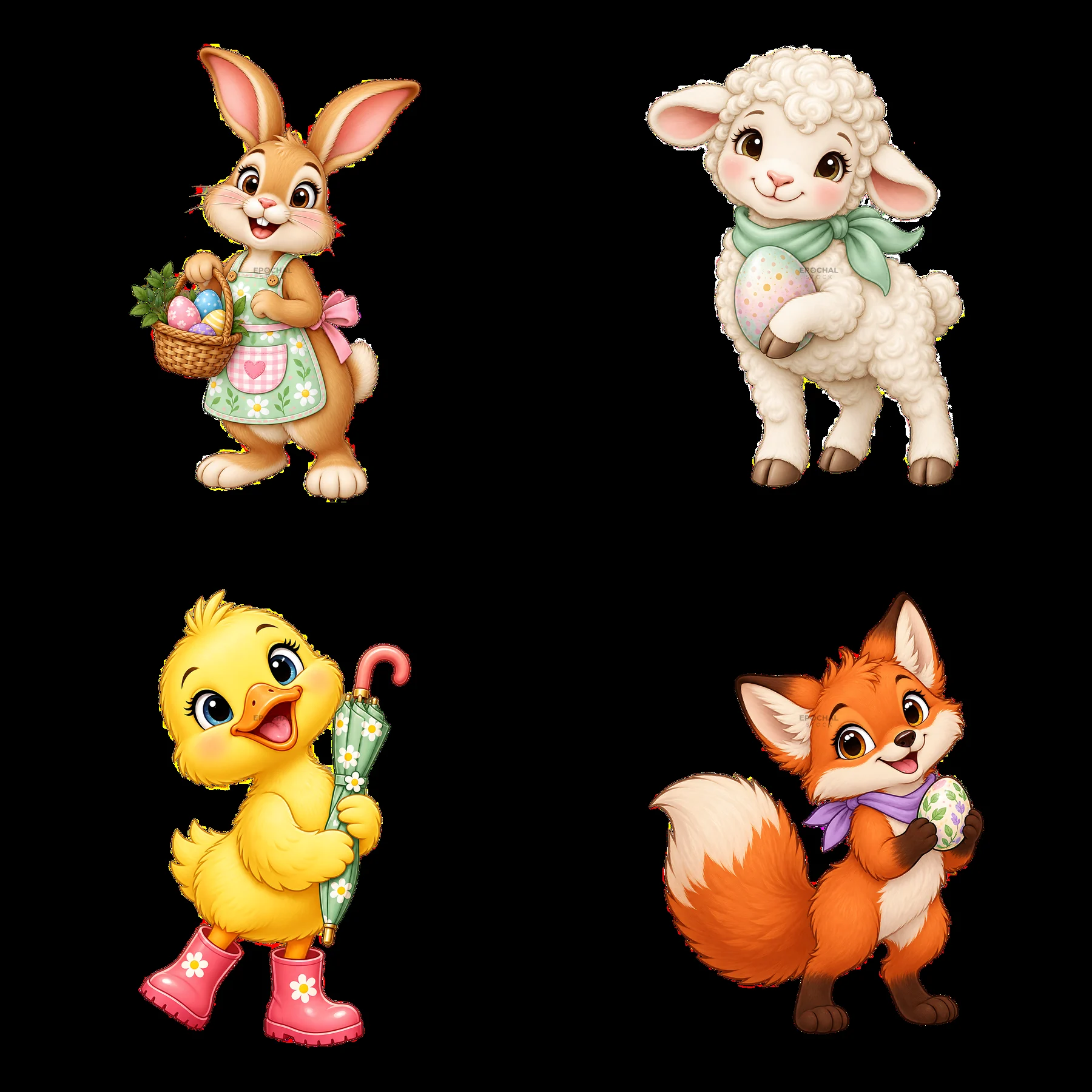 Cute cartoon animals celebrating Easter in a meadow setting - AI-generated stock image