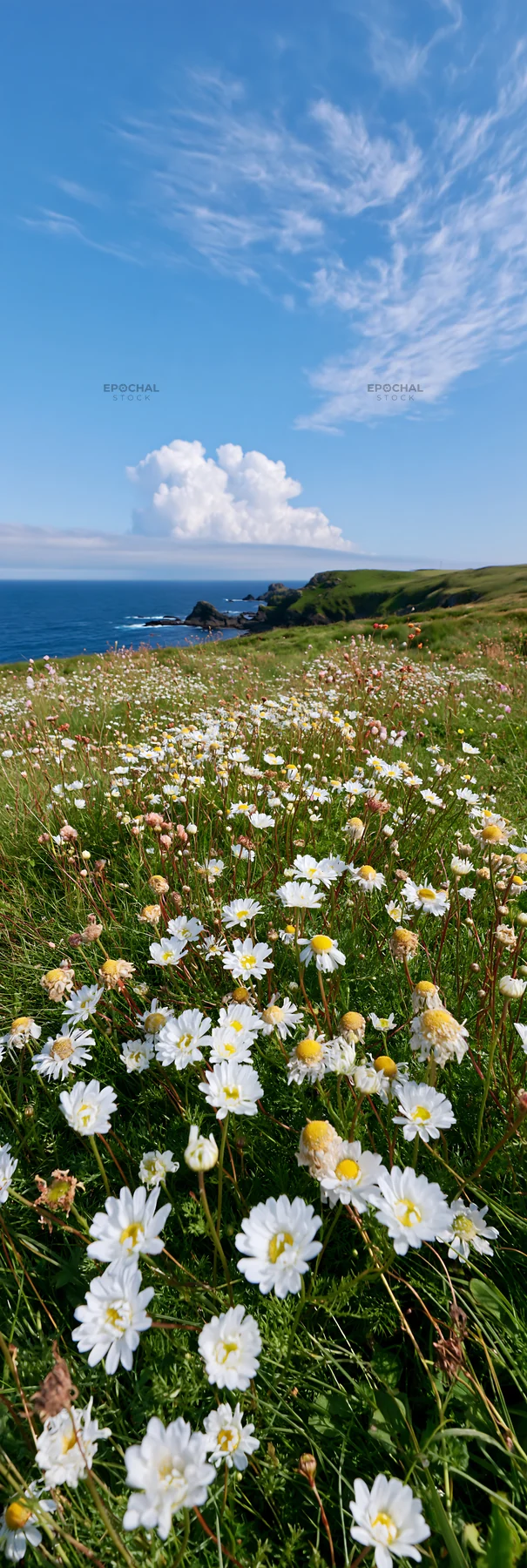 Clifftop meadow with flowers overlooking the ocean - AI-generated stock image