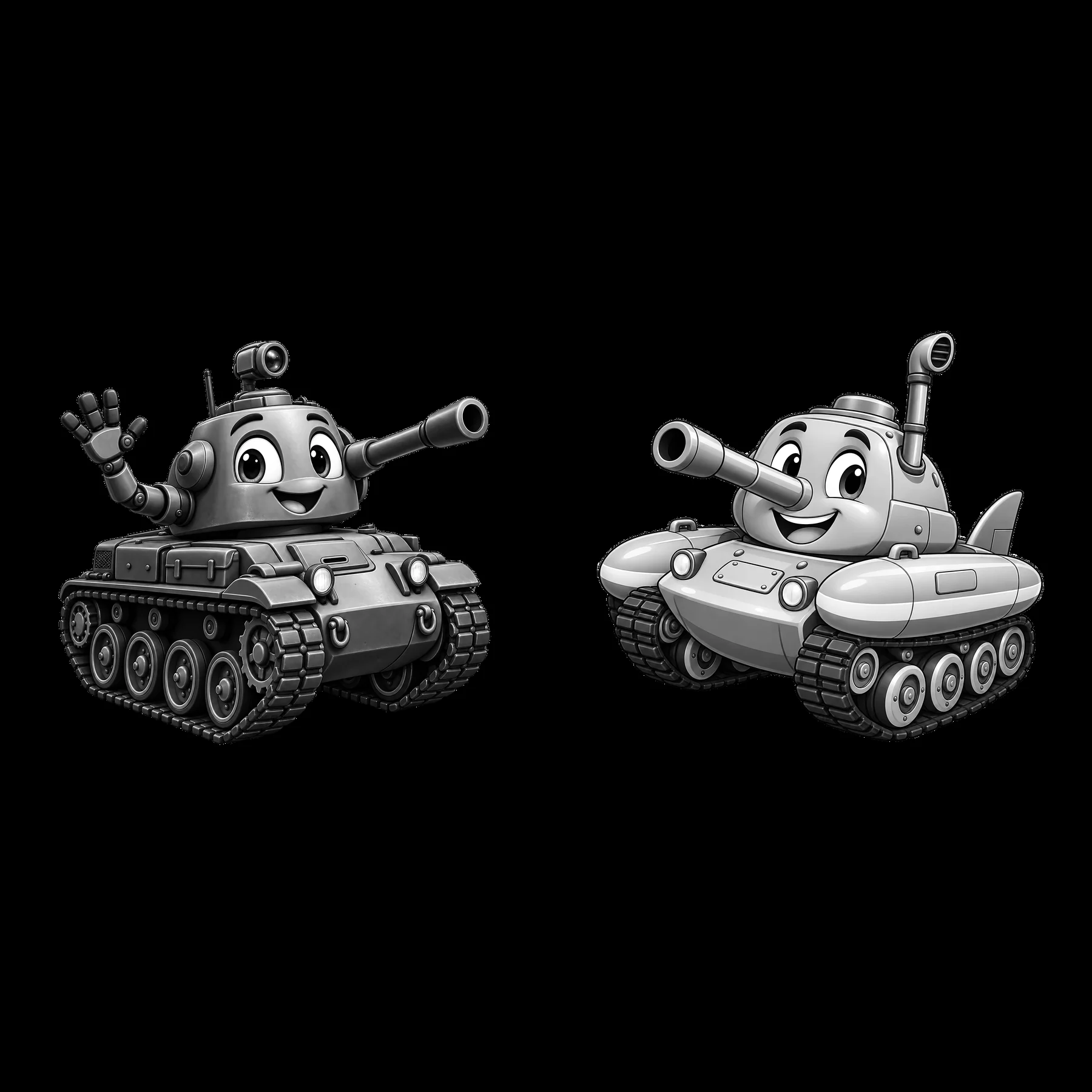Two cartoon tanks waving and smiling in black and white - AI-generated stock image