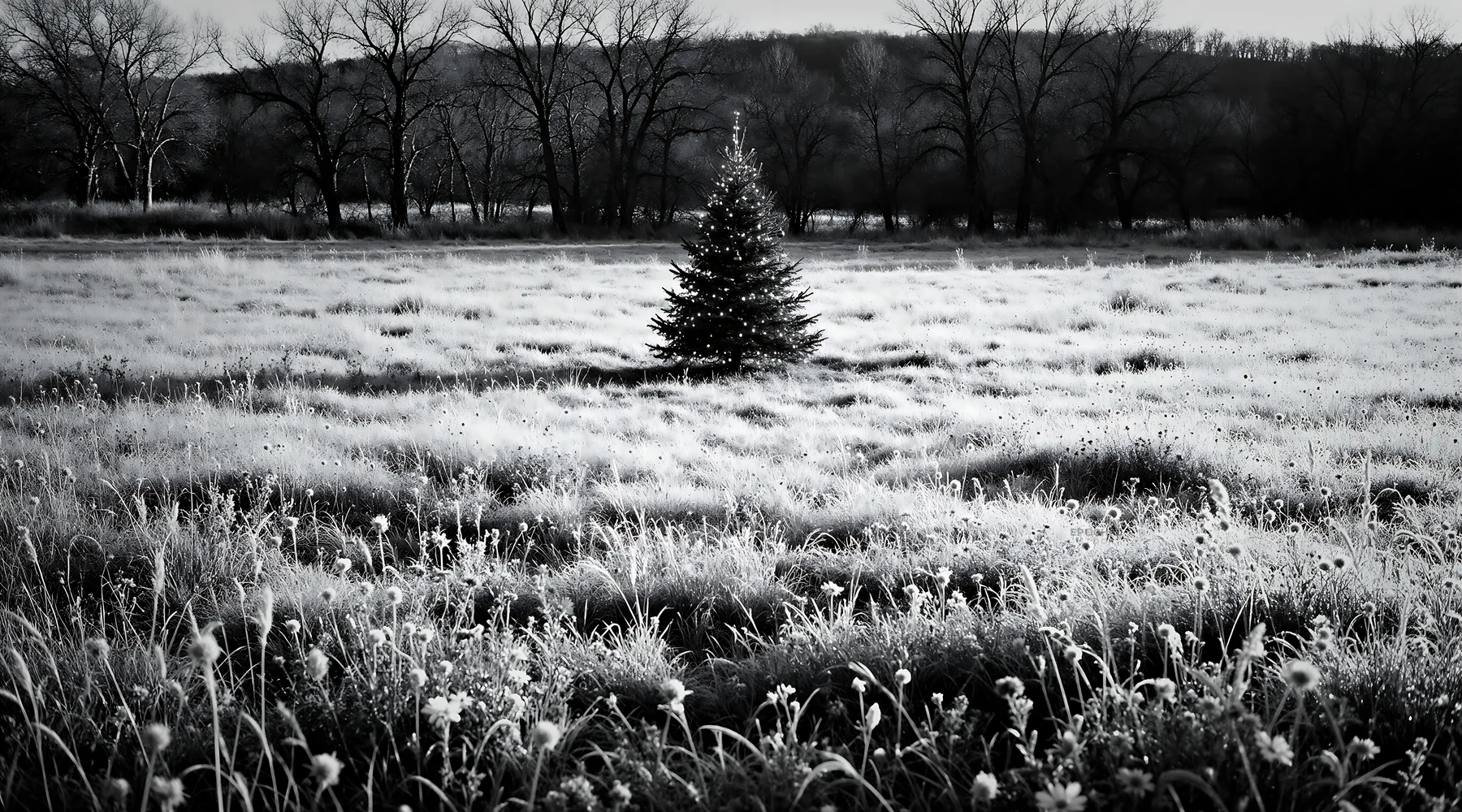 Vibrant Christmas tree in winter field under sunlight - AI-generated stock image