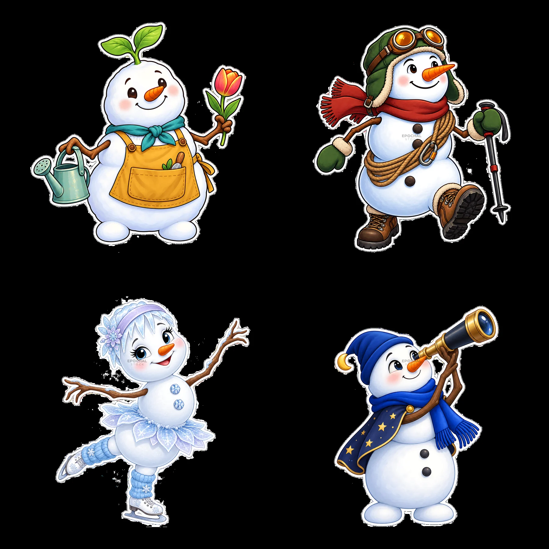 Four snowmen are engaged in different activities - AI-generated stock image