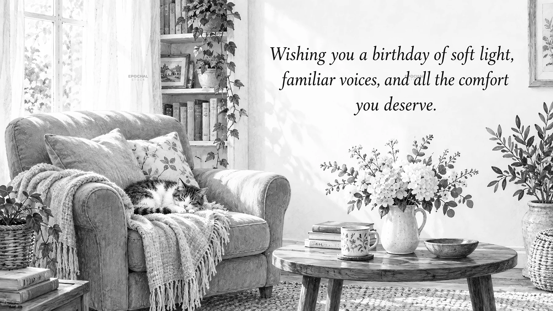 Monochrome Cozy Birthday Greeting Card - AI-generated stock image