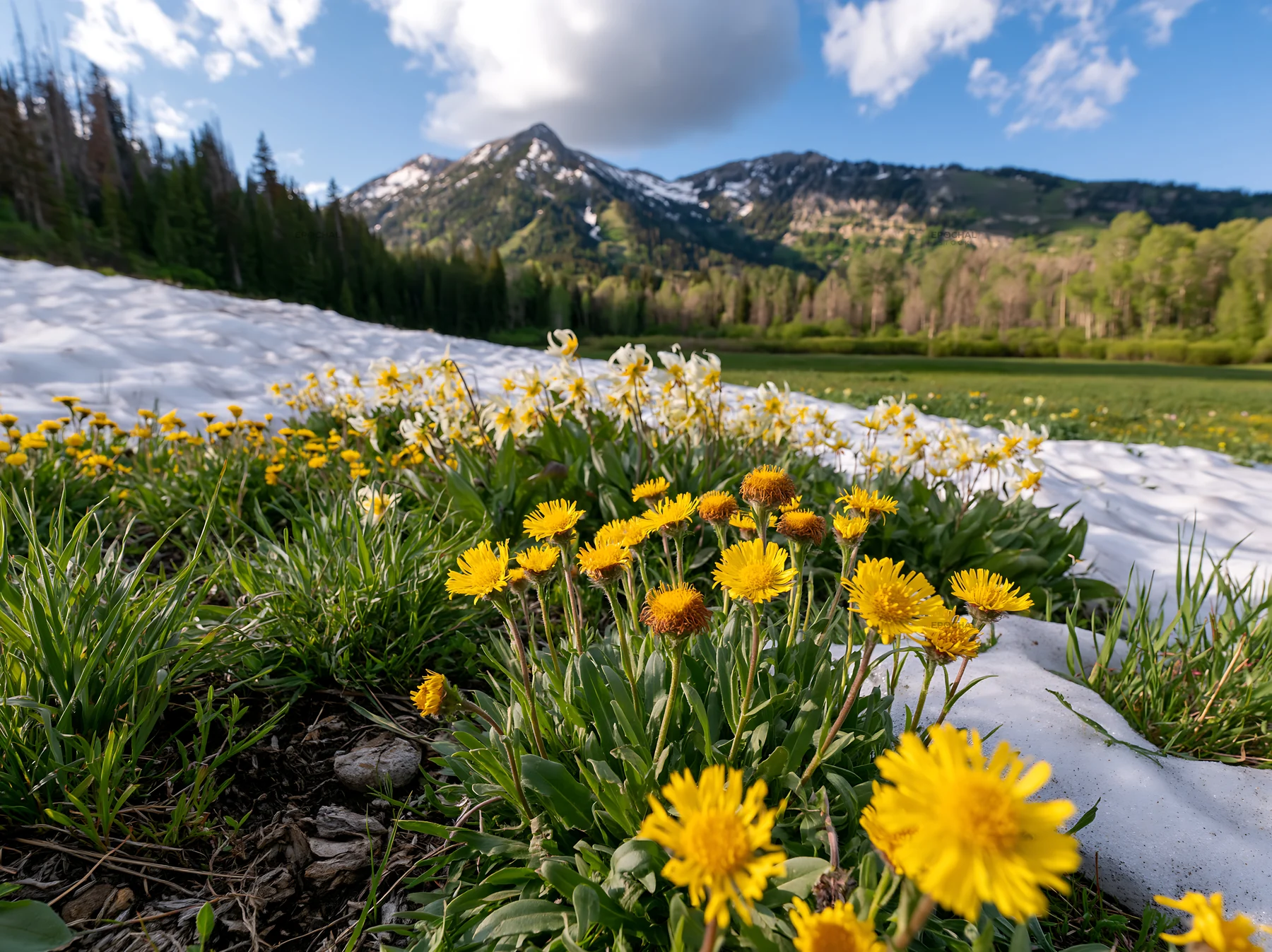 Snowy foothill meadow with wildflowers in spring - AI-generated stock image