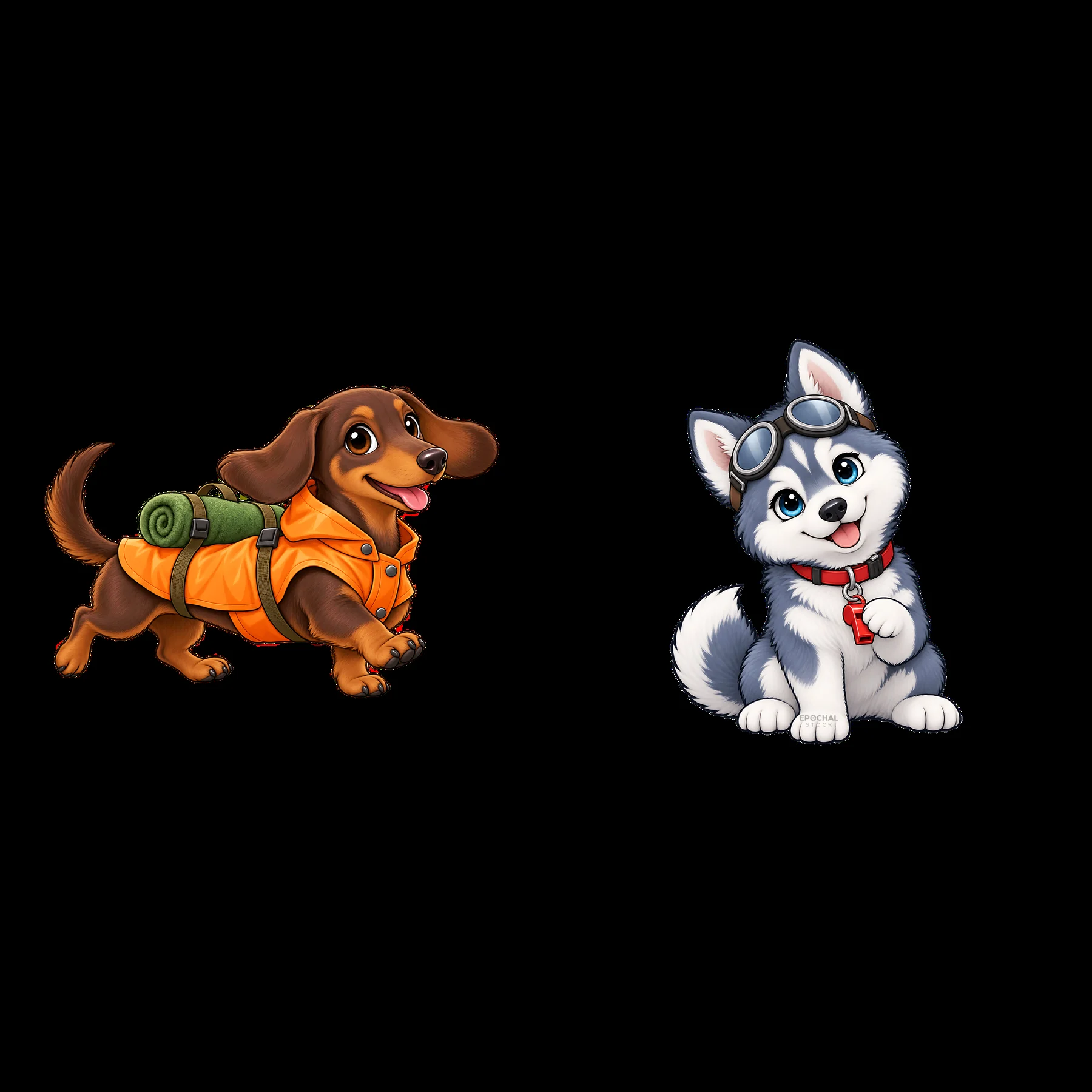 Cute cartoon dogs in adventure gear with playful expressions - AI-generated stock image