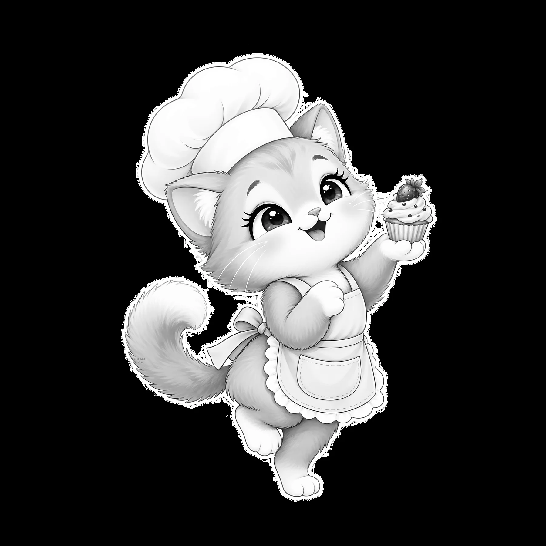 Kawaii cat chef holding a cupcake in apron and chef hat - AI-generated stock image