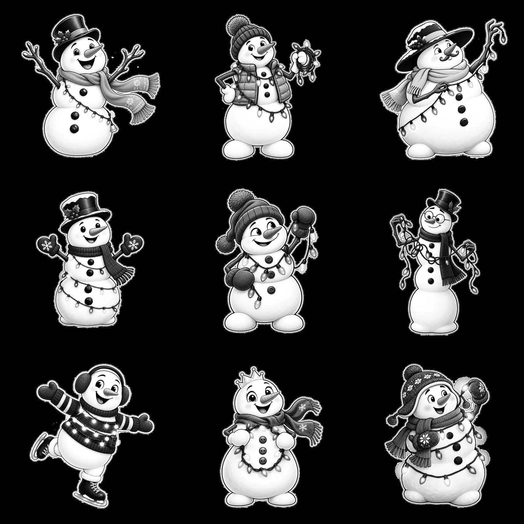Snowmen wearing string lights in various joyful poses - AI-generated stock image