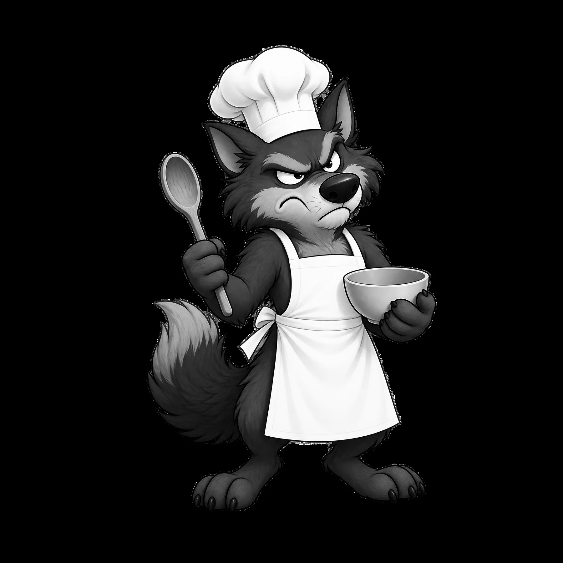Grumpy wolf chef holding a spoon and bowl in a kitchen - AI-generated stock image