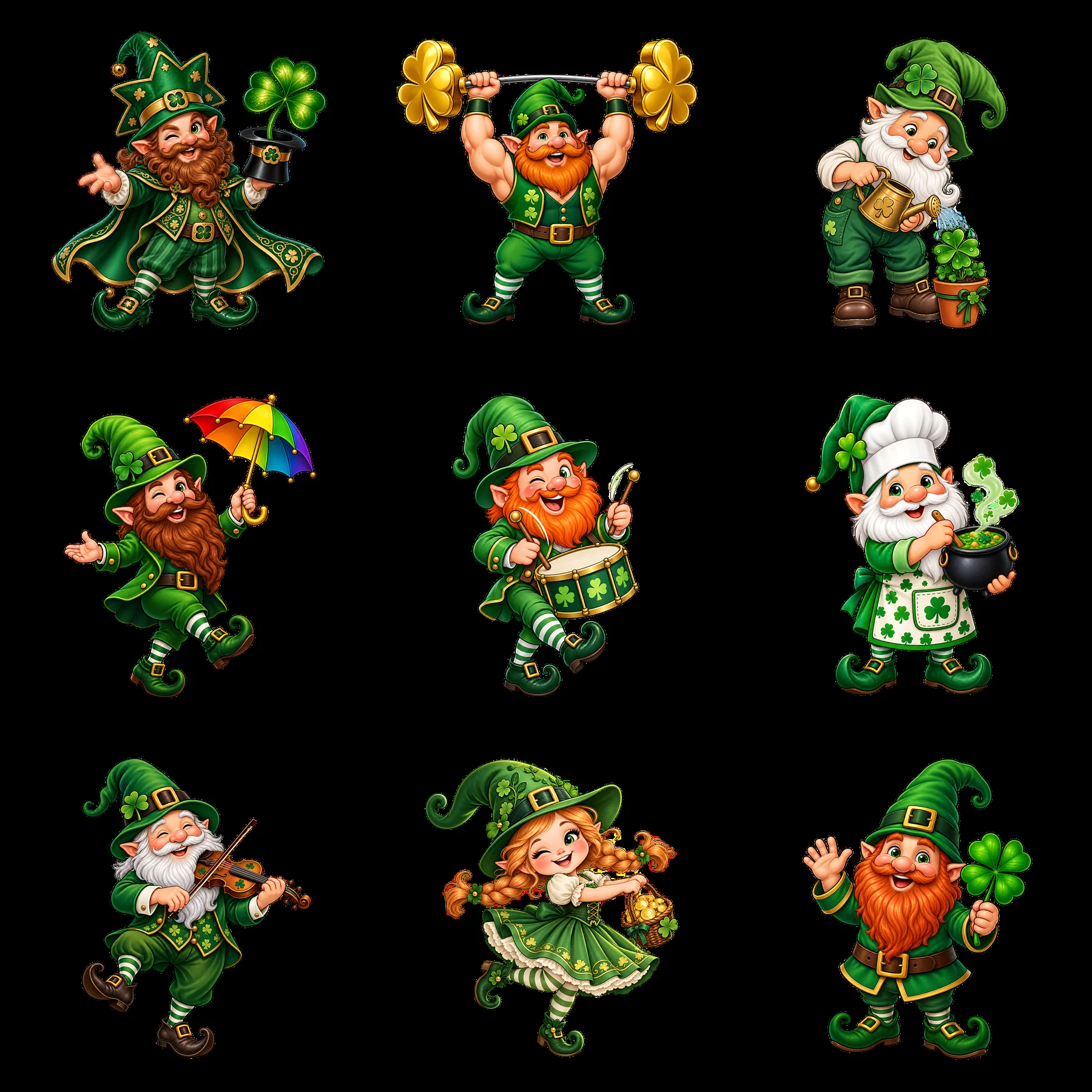 St. Patrick's Day gnomes with various activities and props - AI-generated stock image