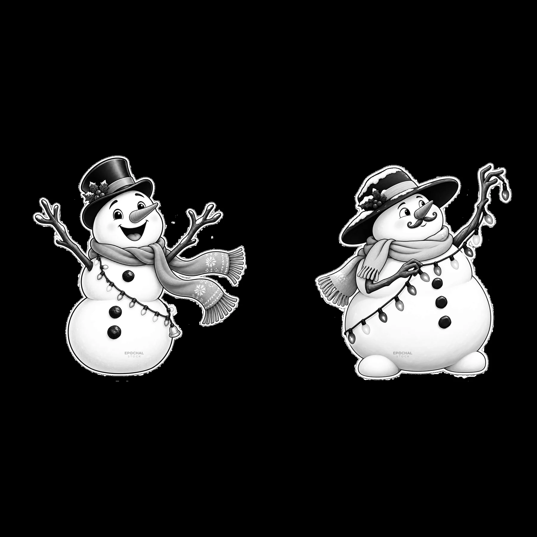 Snowman decoration with string lights in winter attire - AI-generated stock image