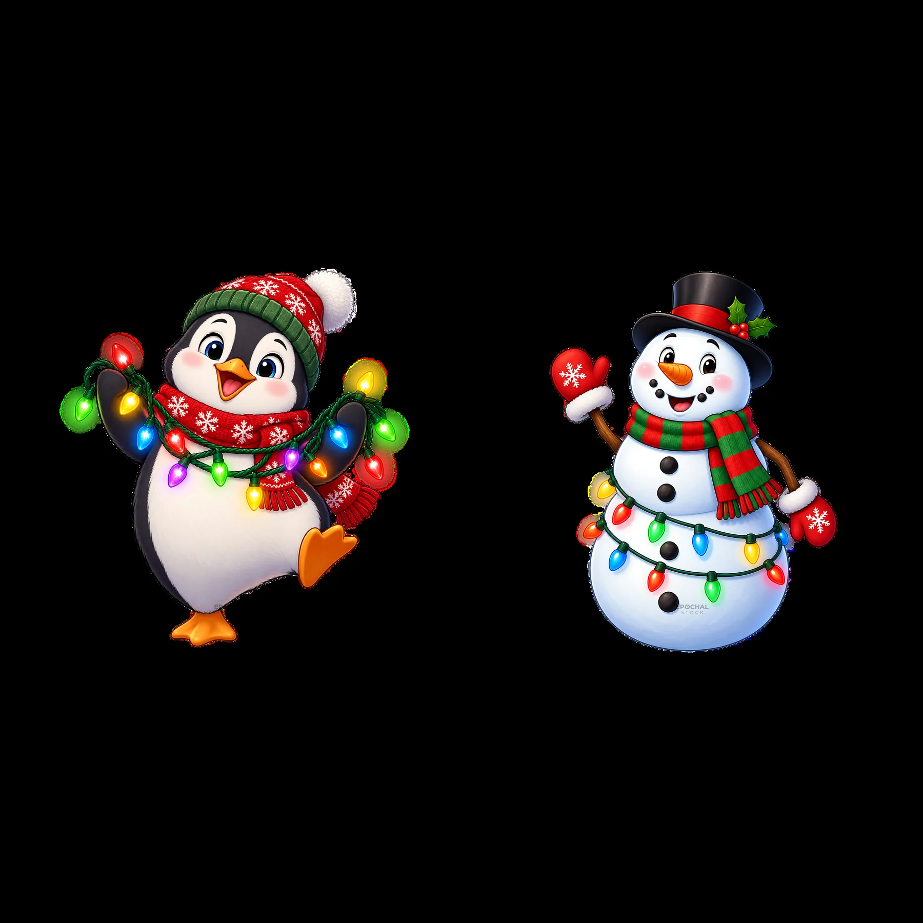 Penguin and snowman with string lights for holiday cheer - AI-generated stock image