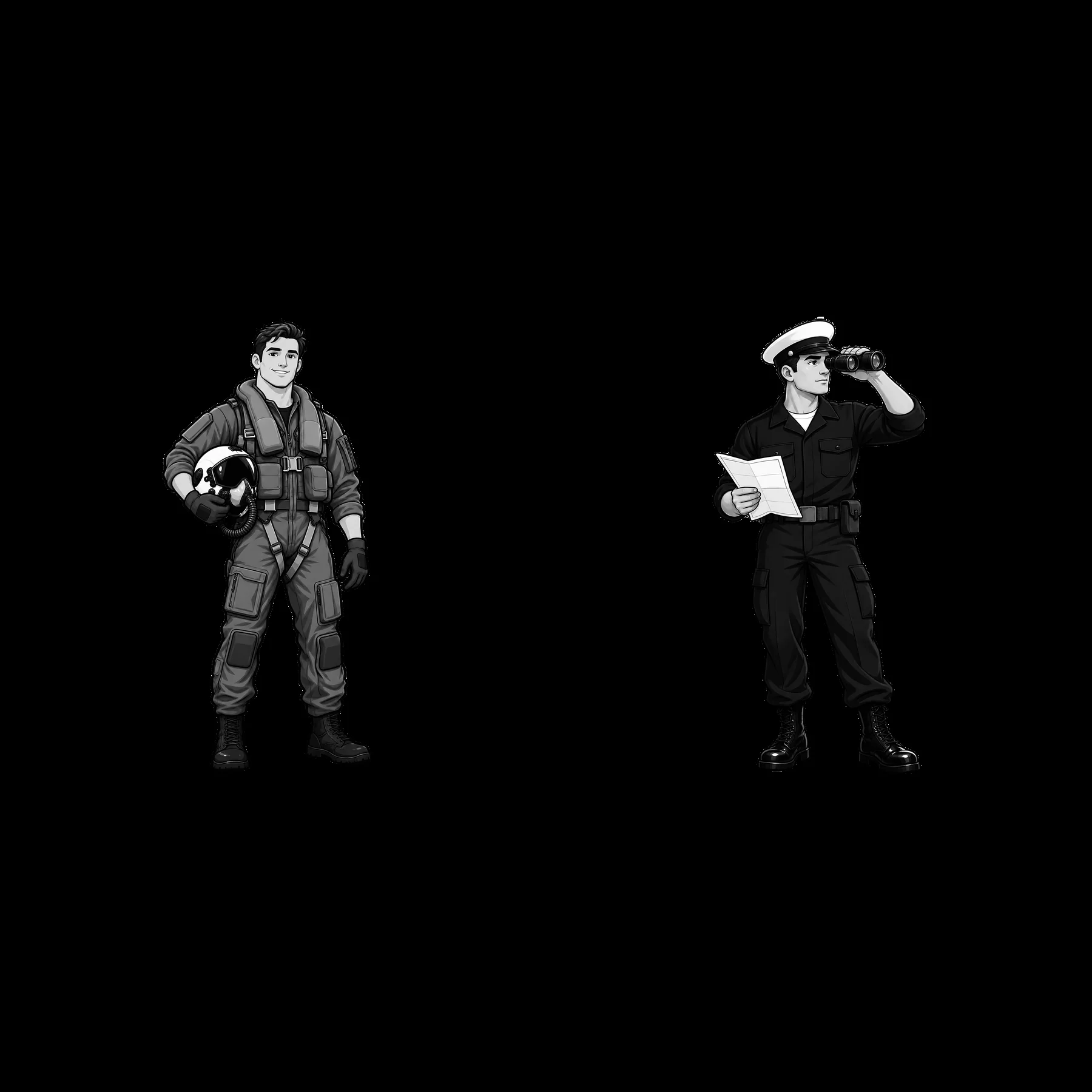 Two cartoon characters on an aircraft carrier, one in flight gear - AI-generated stock image