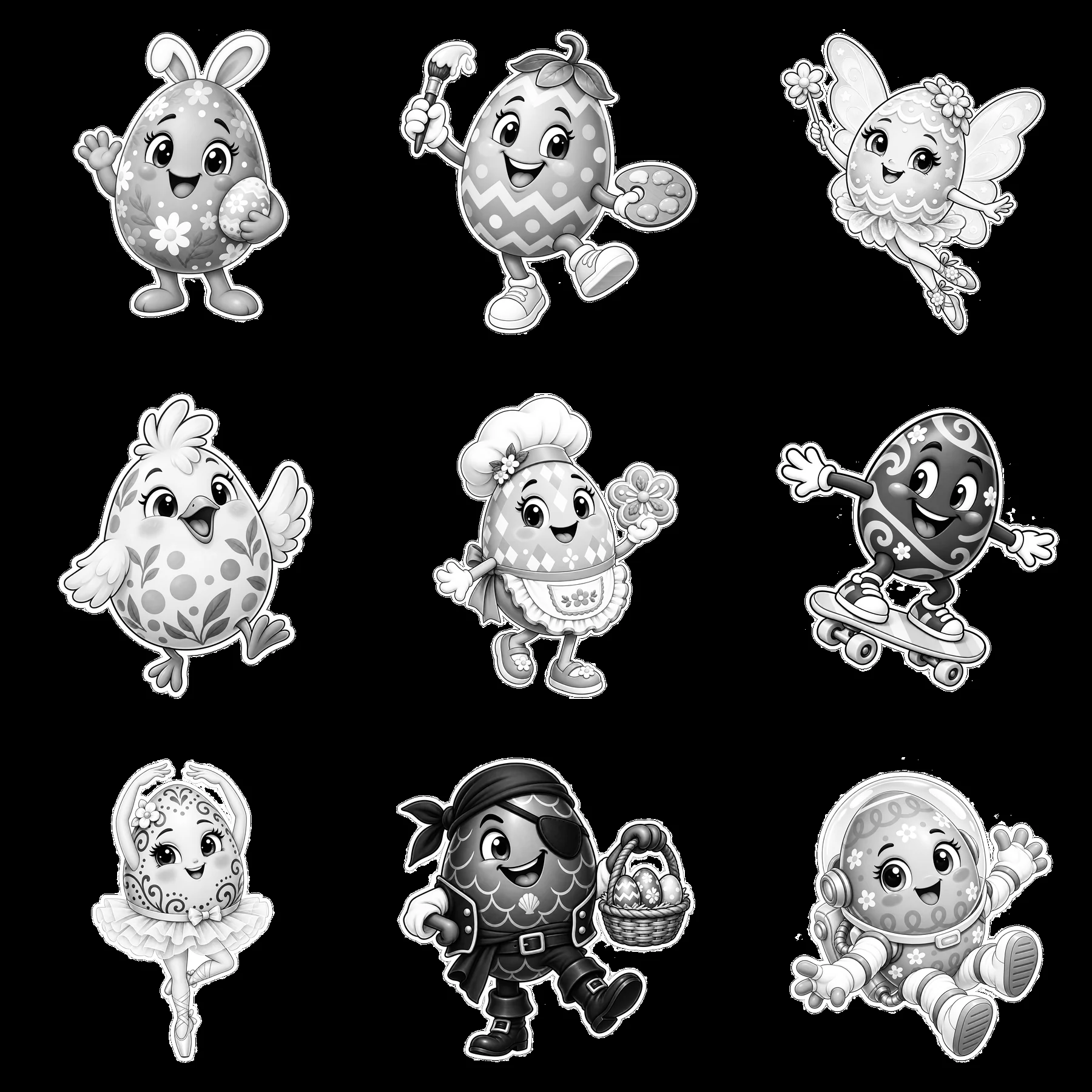 Colorful cartoon easter eggs with various characters in a grid - AI-generated stock image