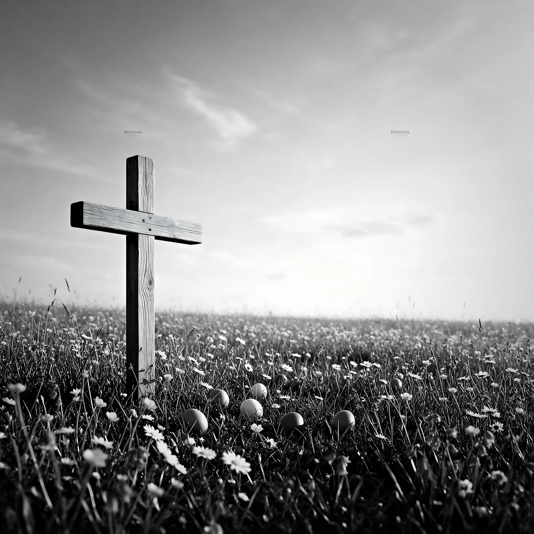 Rustic Christian cross in a spring meadow with flowers - AI-generated stock image
