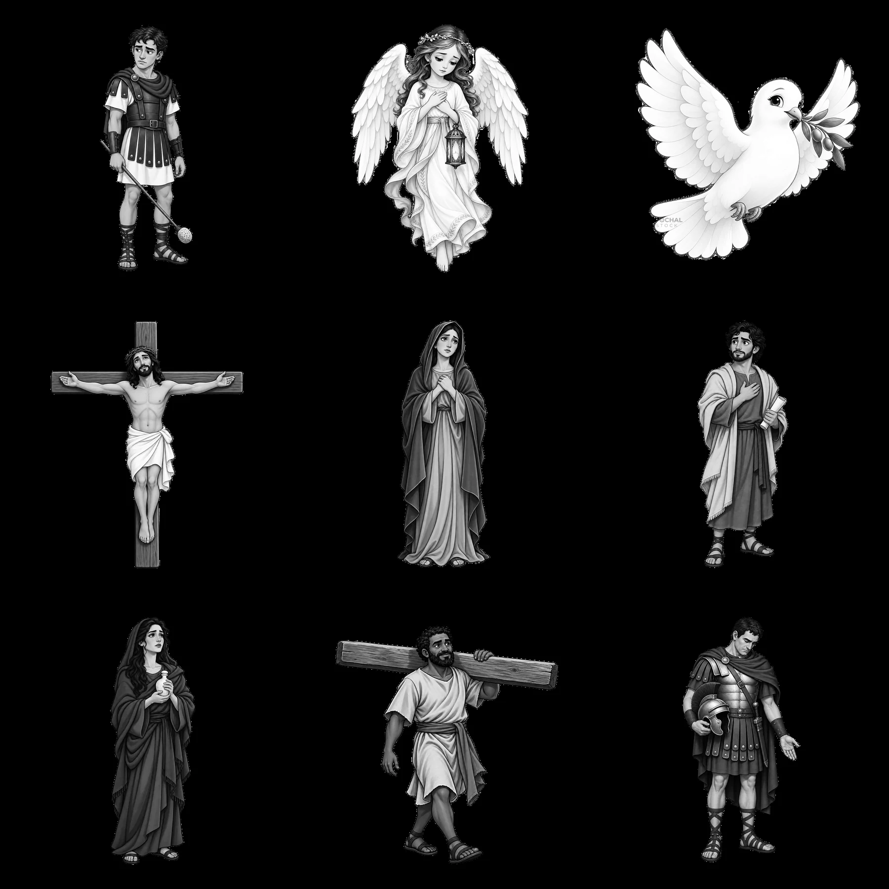 Monochrome cartoon sticker illustrations of biblical figures - AI-generated stock image