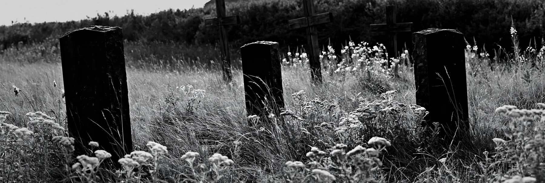 Christian crosses beside mineral spring meadow - AI-generated stock image