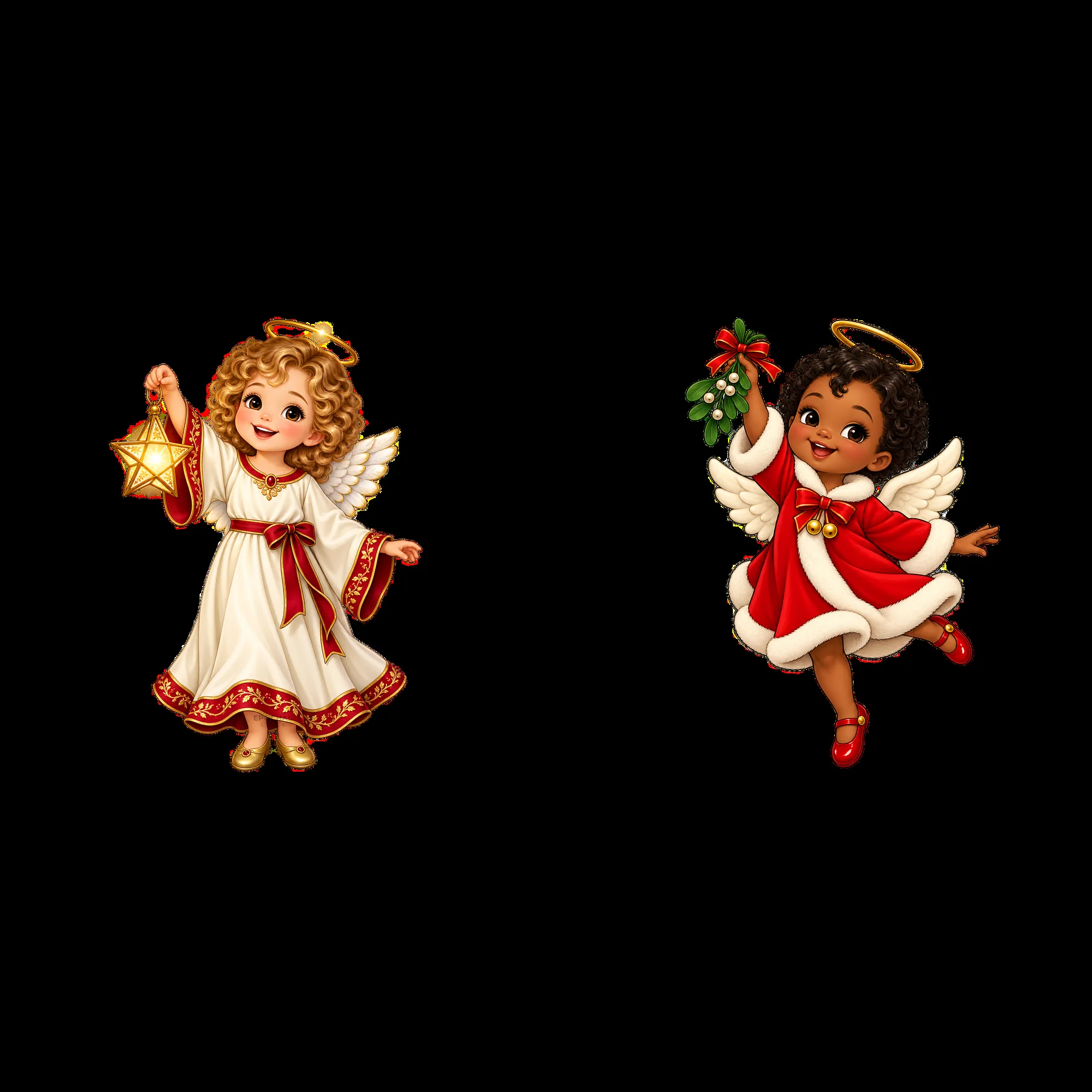 Christmas angels holding gifts and decorations in festive attire - AI-generated stock image