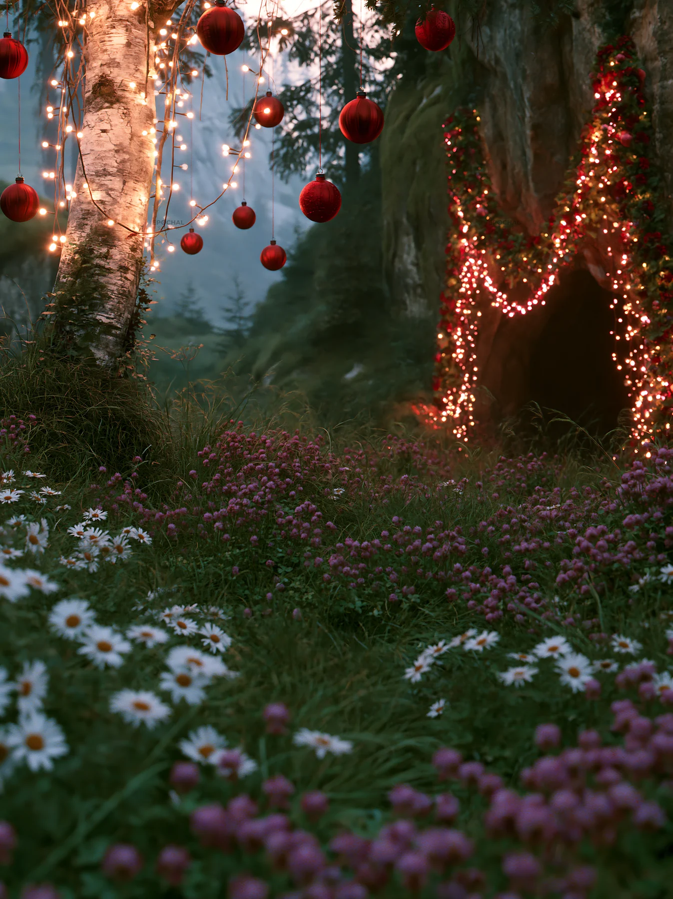 Christmas ornaments near a cave in a meadow - AI-generated stock image