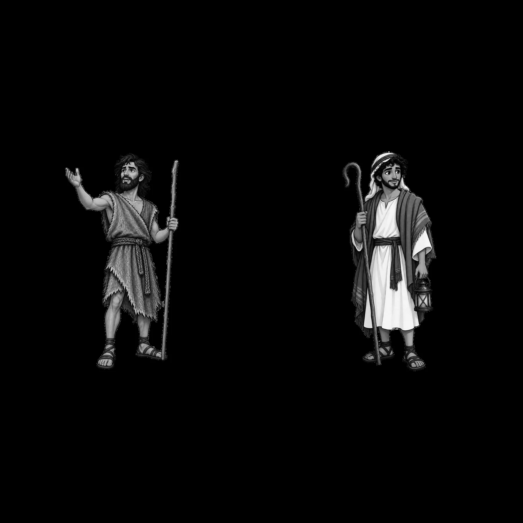 Two cartoon figures of Jesus with staff and lantern - AI-generated stock image
