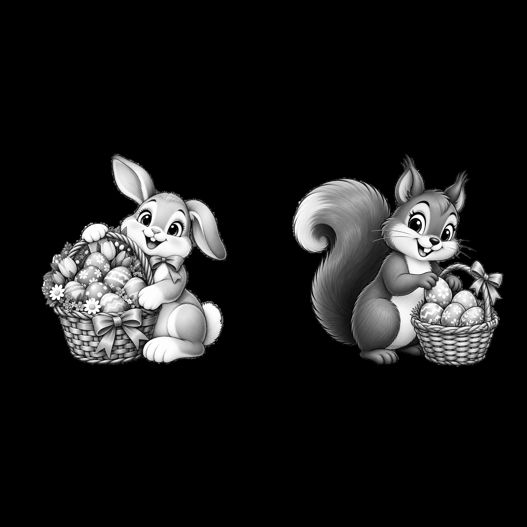 Easter bunny and squirrel with baskets of eggs - AI-generated stock image