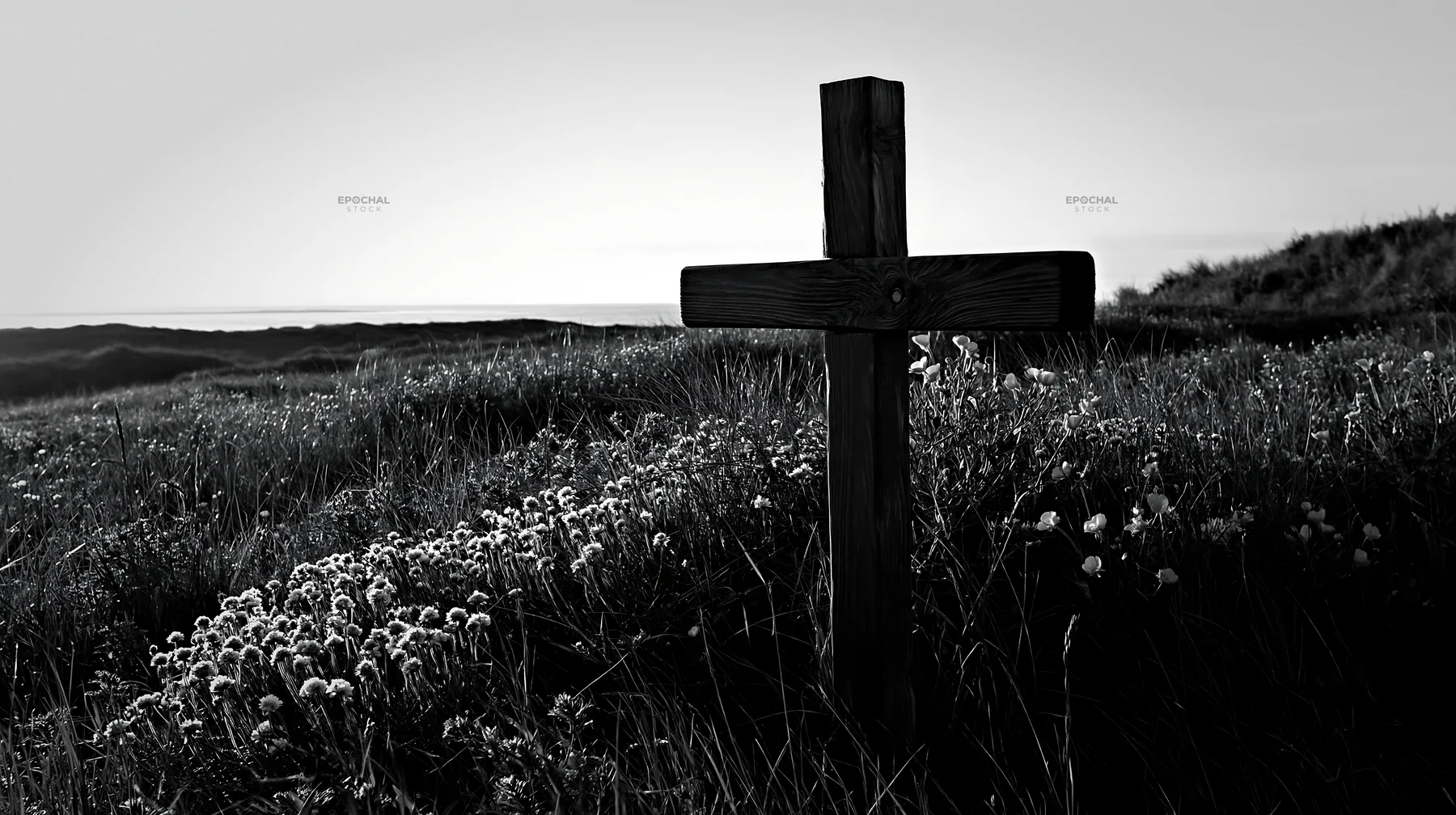 Christian cross in meadow at sunrise - AI-generated stock image
