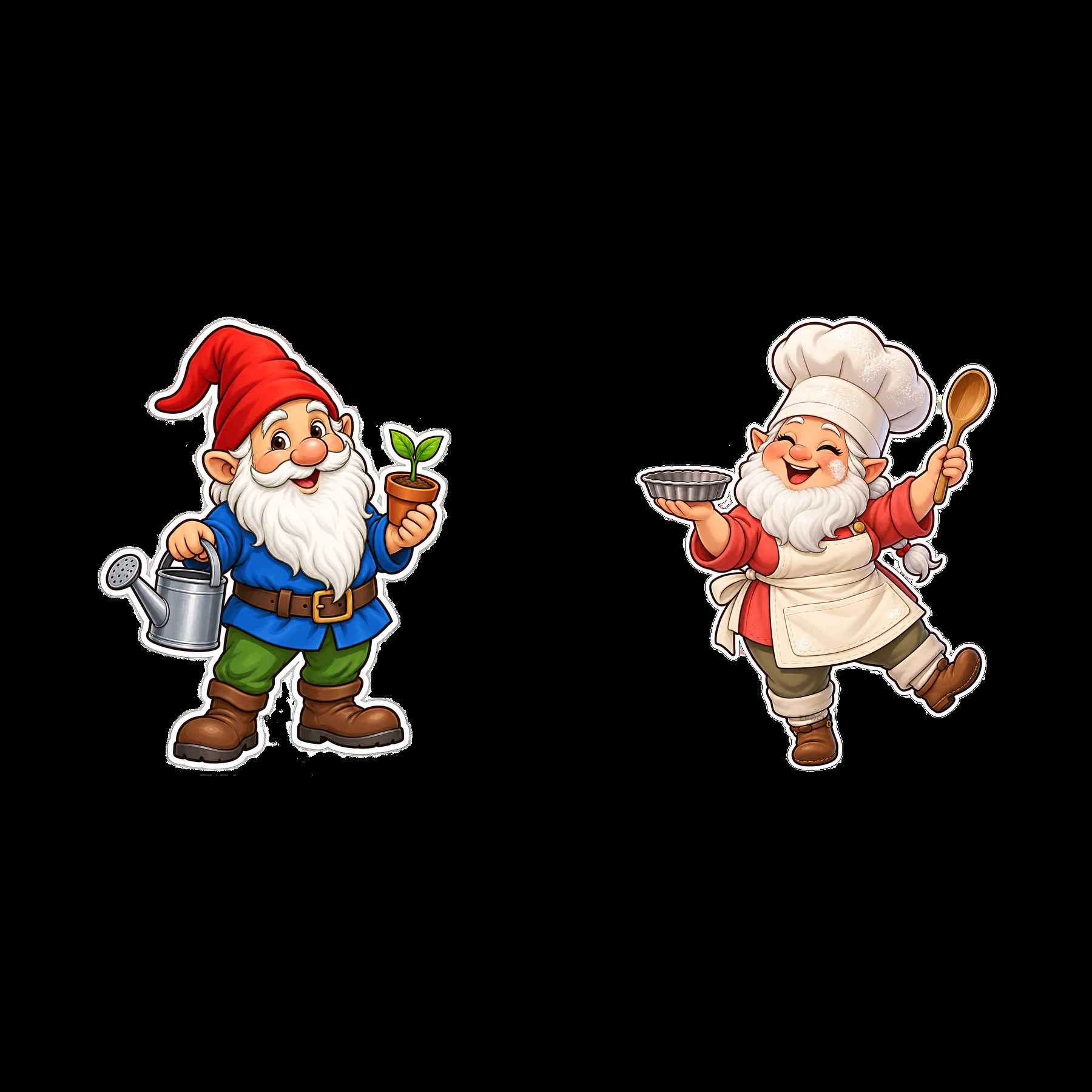 Gnome with watering can and gnome chef holding cooking spoon - AI-generated stock image
