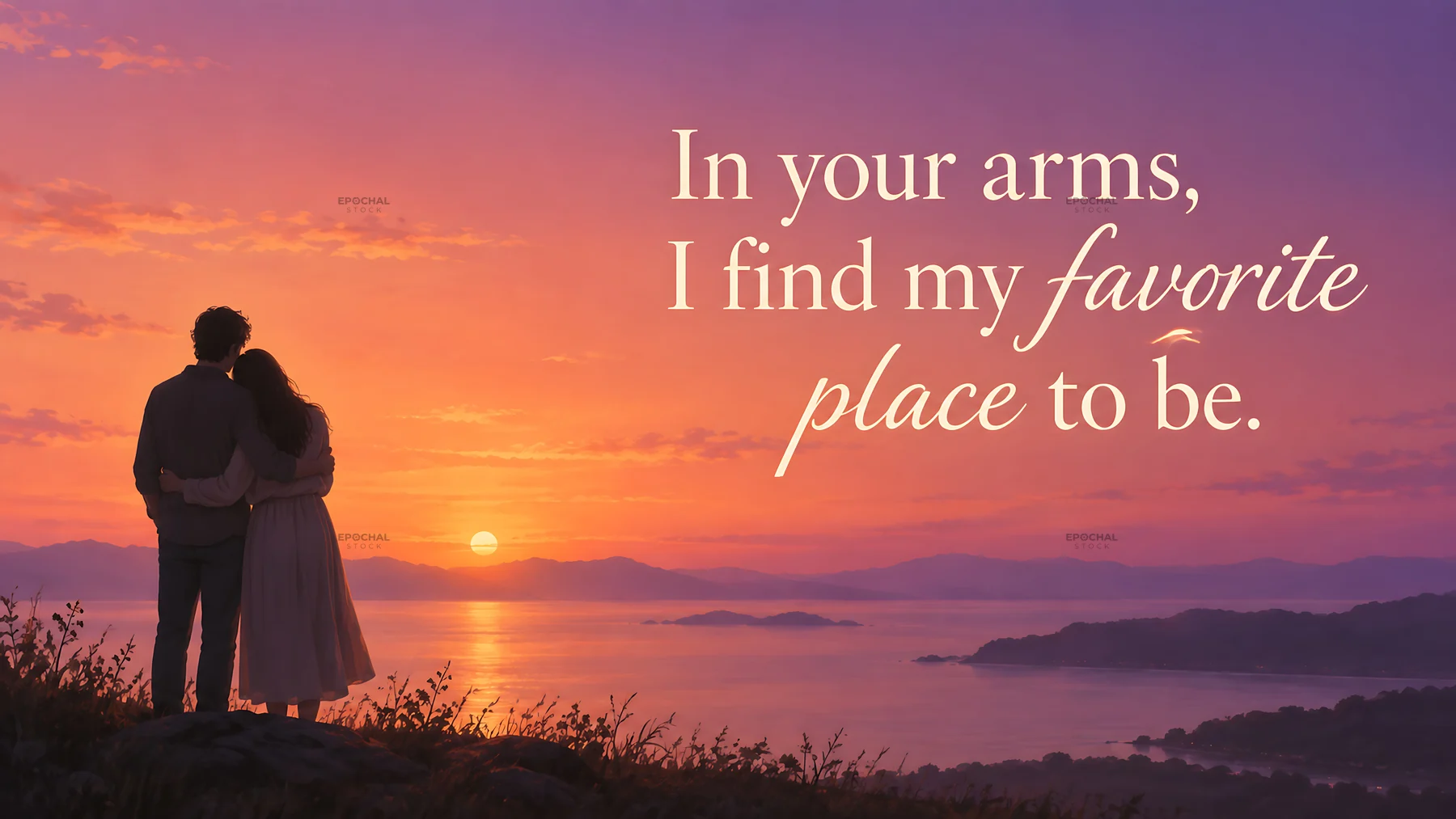 Couple Embracing Beside a Lake at Sunset - AI-generated stock image