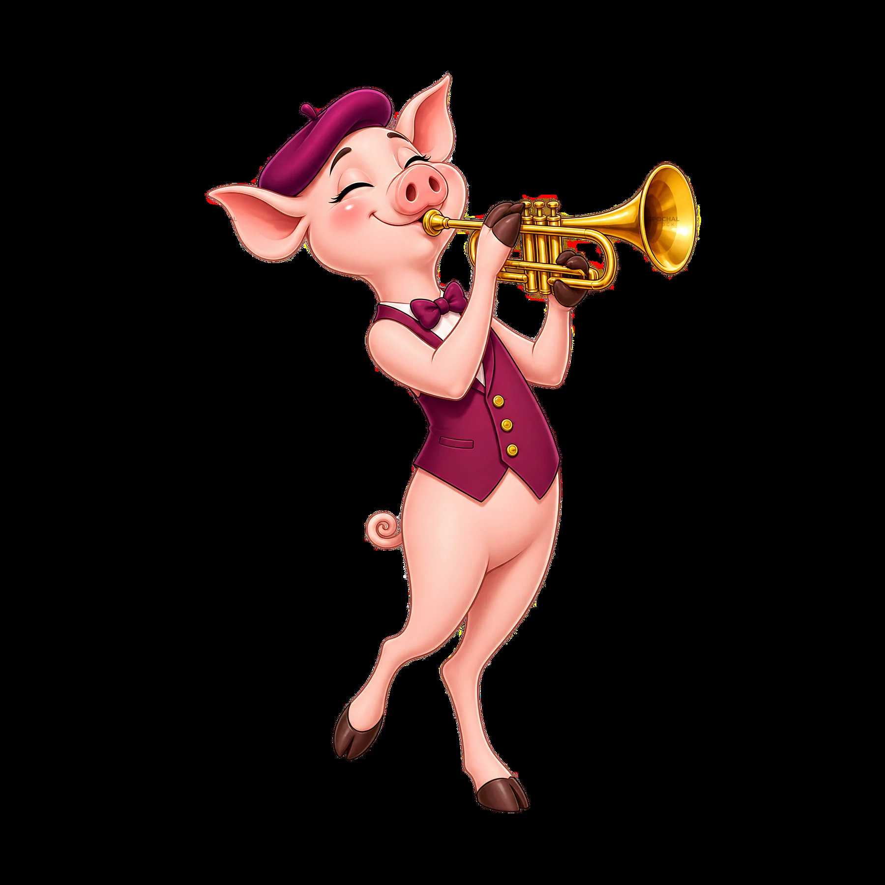 Pig playing trumpet in a stylish outfit - AI-generated stock image