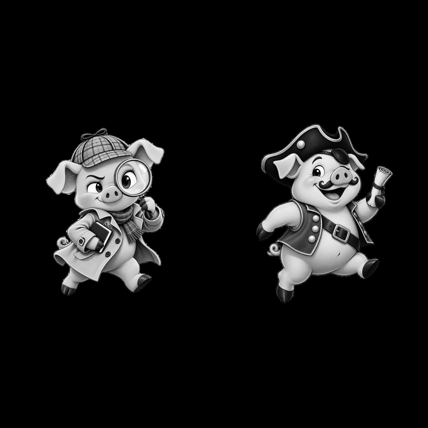 Cartoon pigs in detective and pirate costumes running together - AI-generated stock image