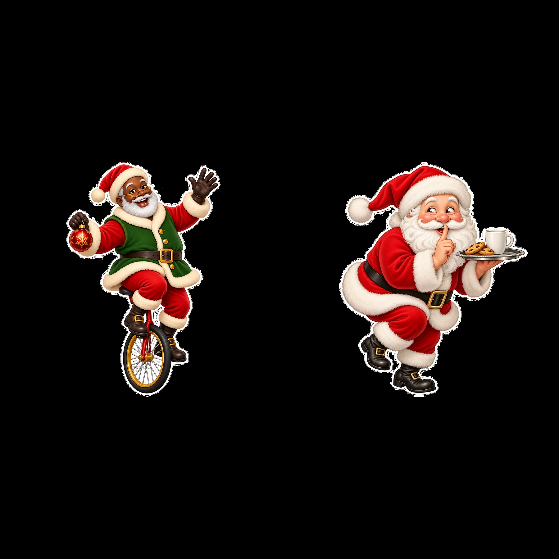 Santa Claus on unicycle and Santa with cookies and drink - AI-generated stock image