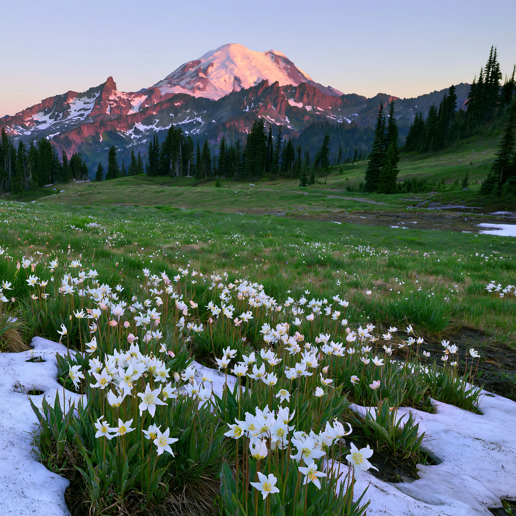 Mount Rainier wildflower meadow at sunrise - AI-generated stock image