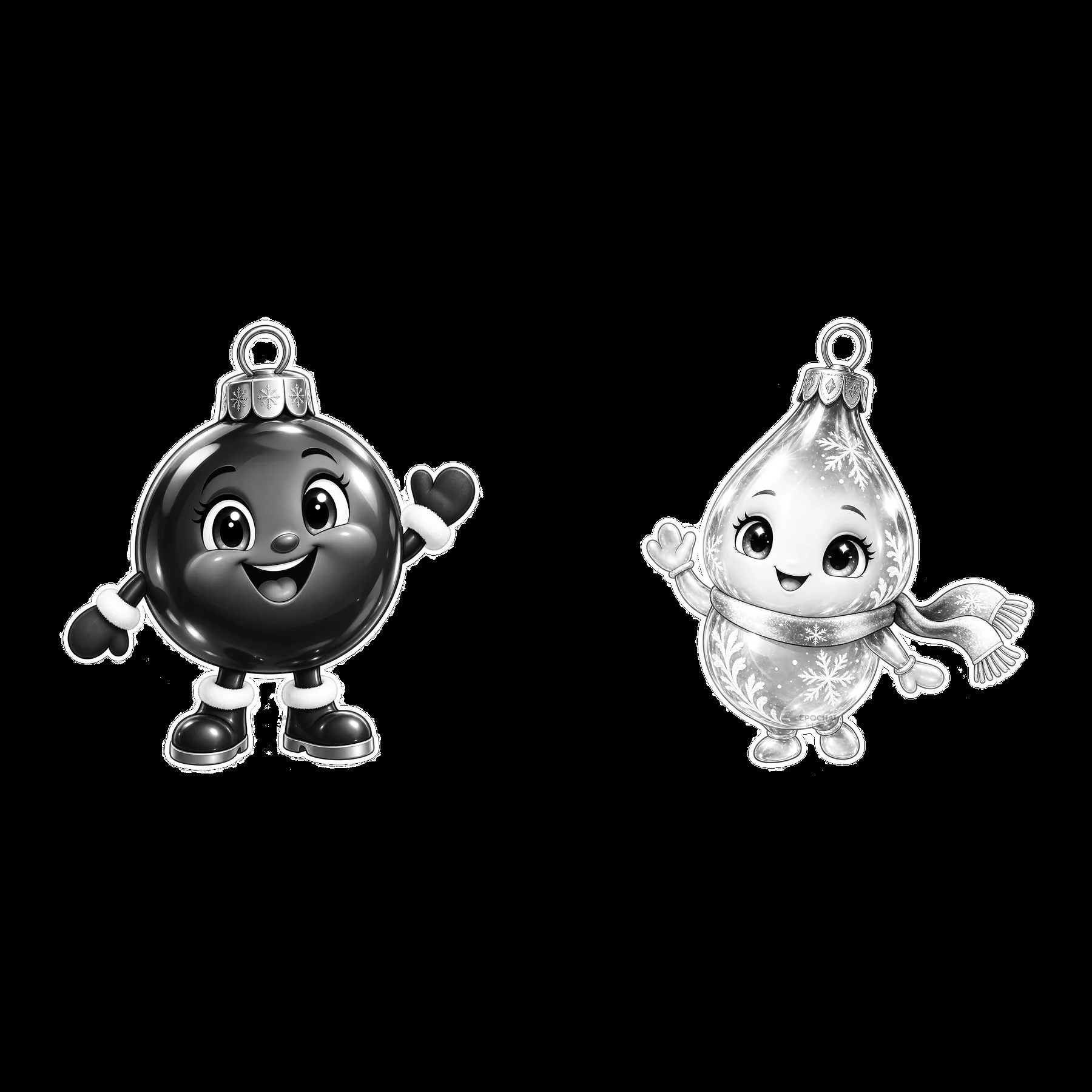 Monochrome two isolated cartoon figure stickers - AI-generated stock image