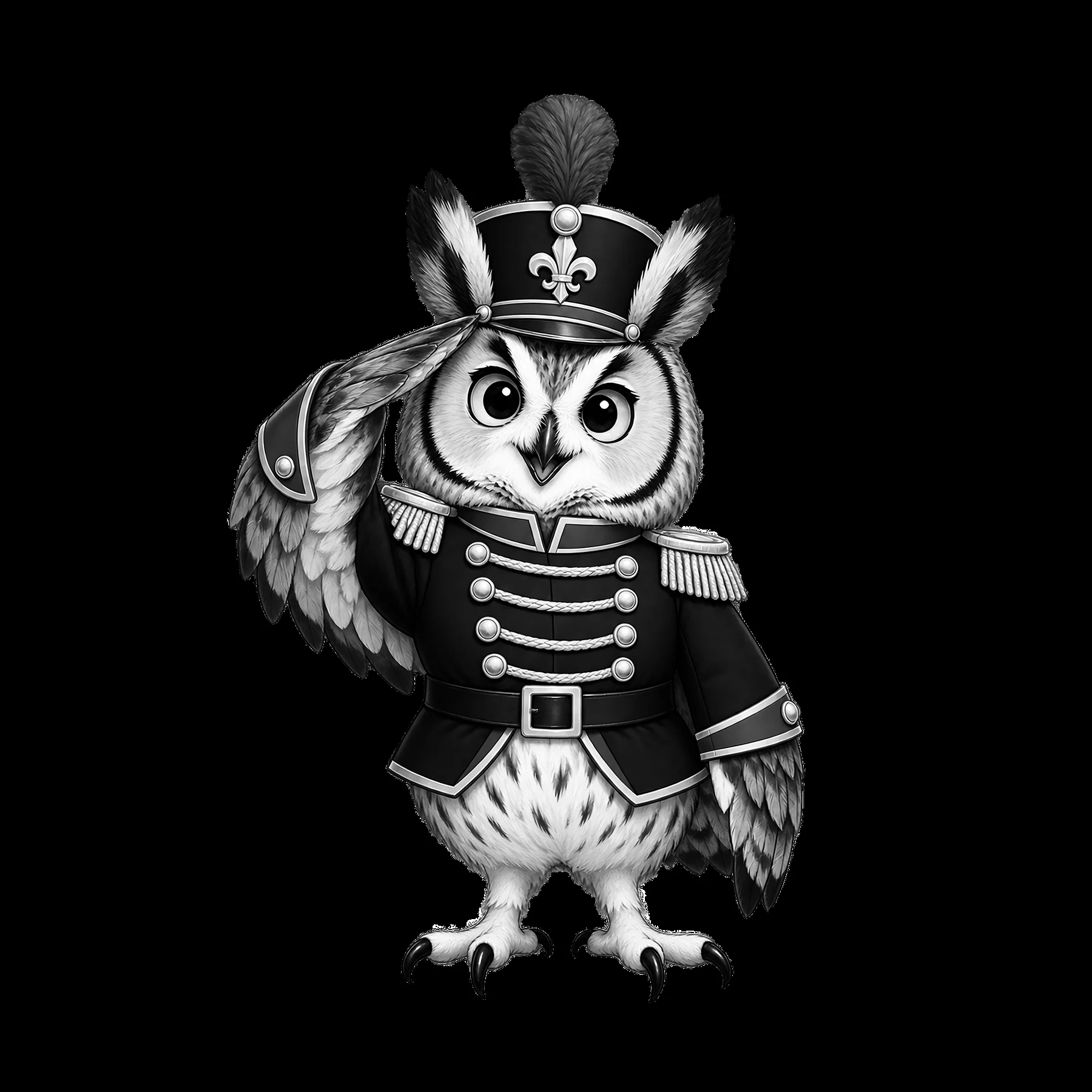 Christmas owl in military uniform saluting with one wing raised - AI-generated stock image