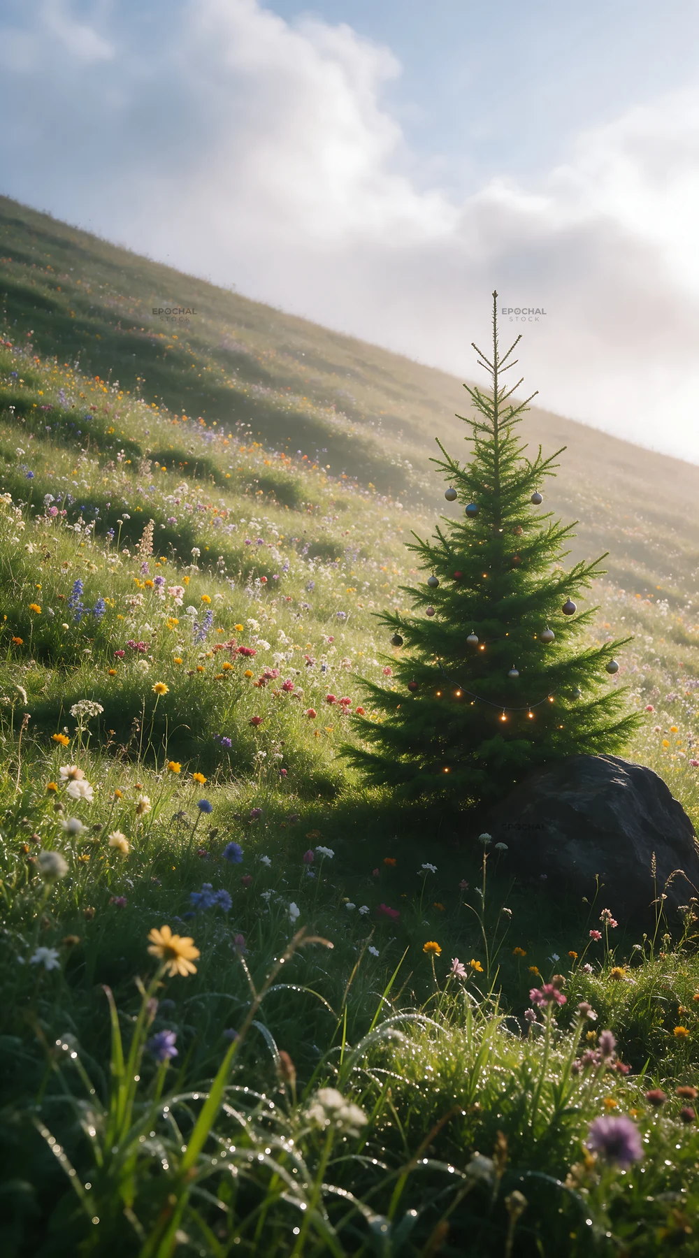 Vibrant Christmas tree in misty meadow with wildflowers - AI-generated stock image
