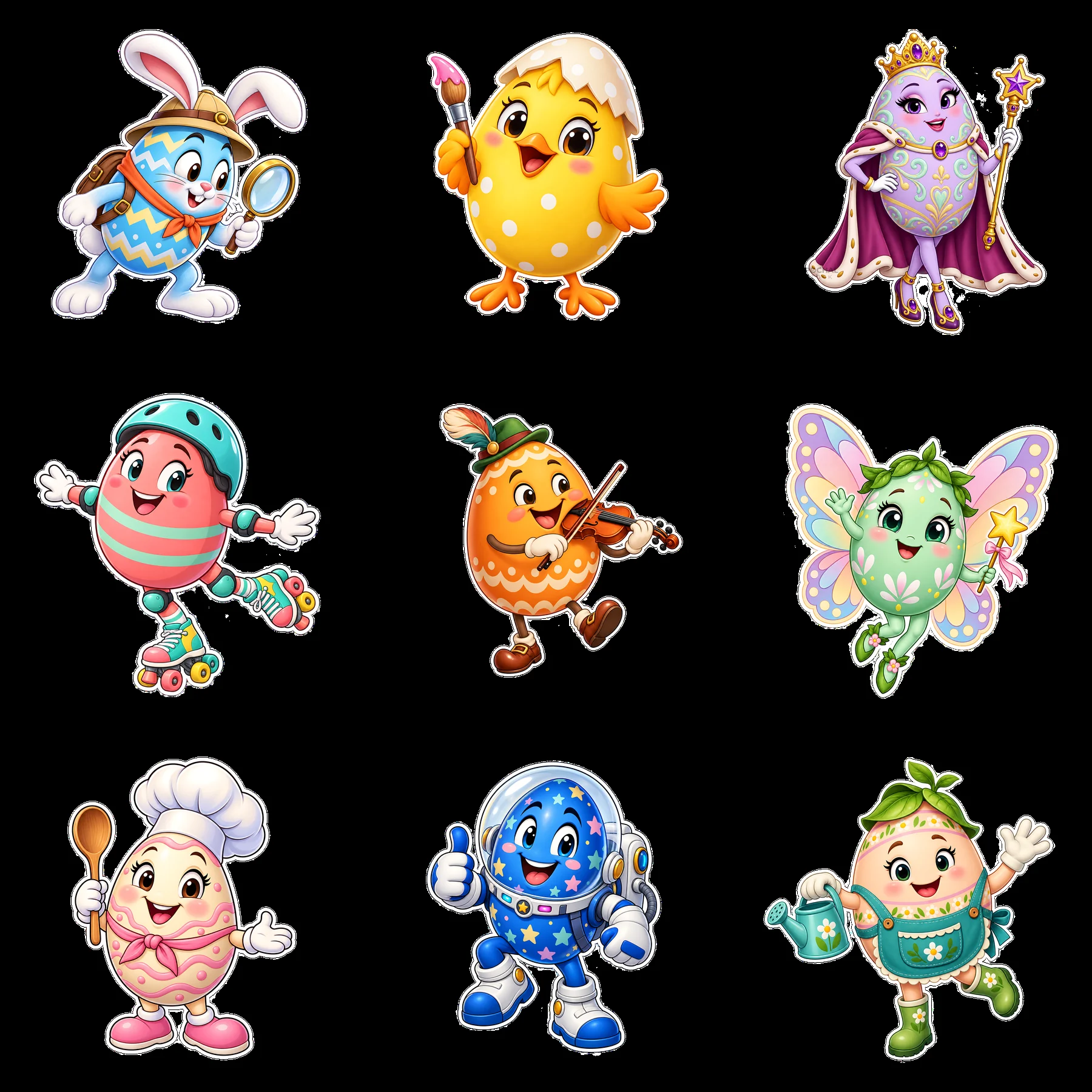 Nine cartoon figure stickers in a square arrangement - AI-generated stock image