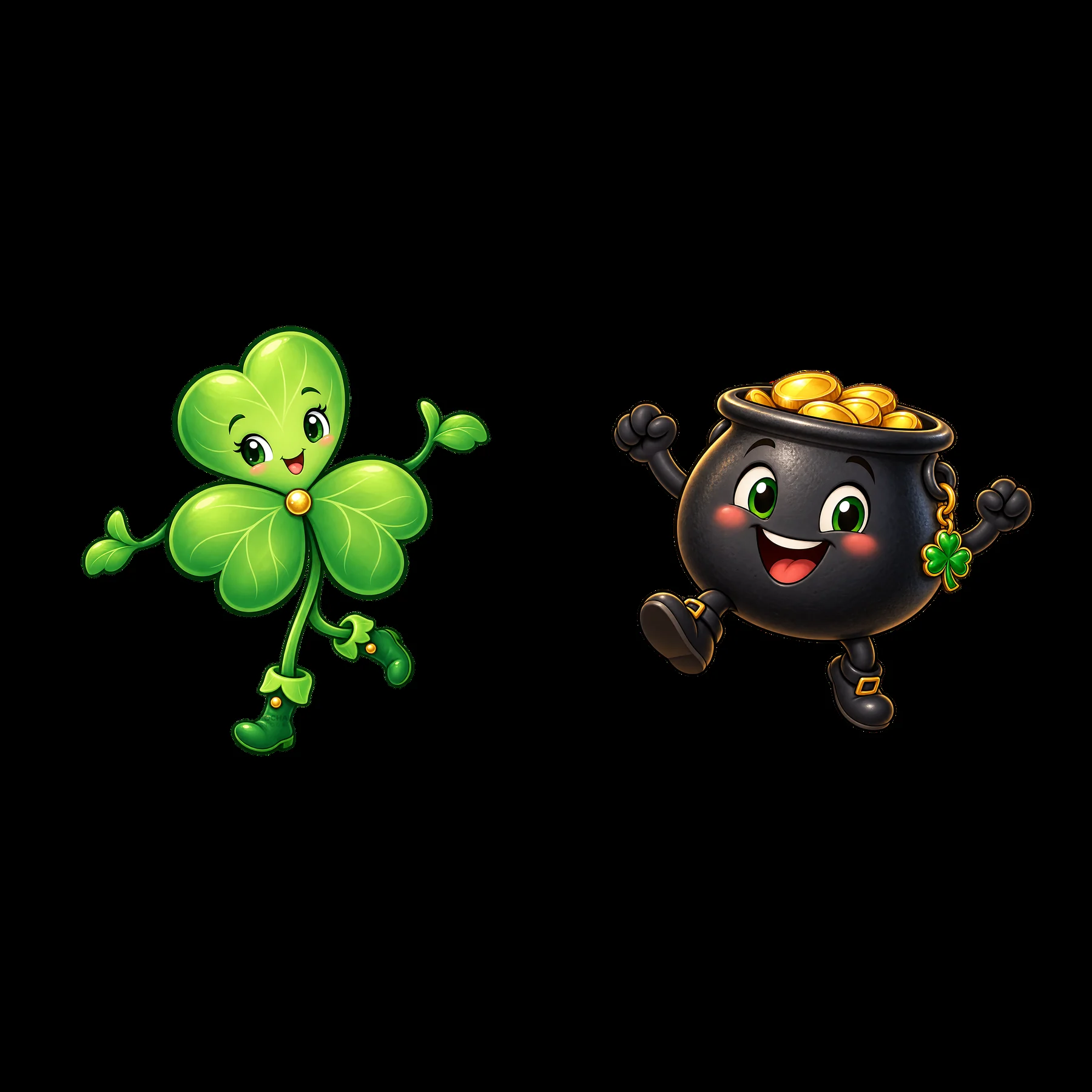 Happy clover and cheerful pot of gold for St. Patrick's Day - AI-generated stock image