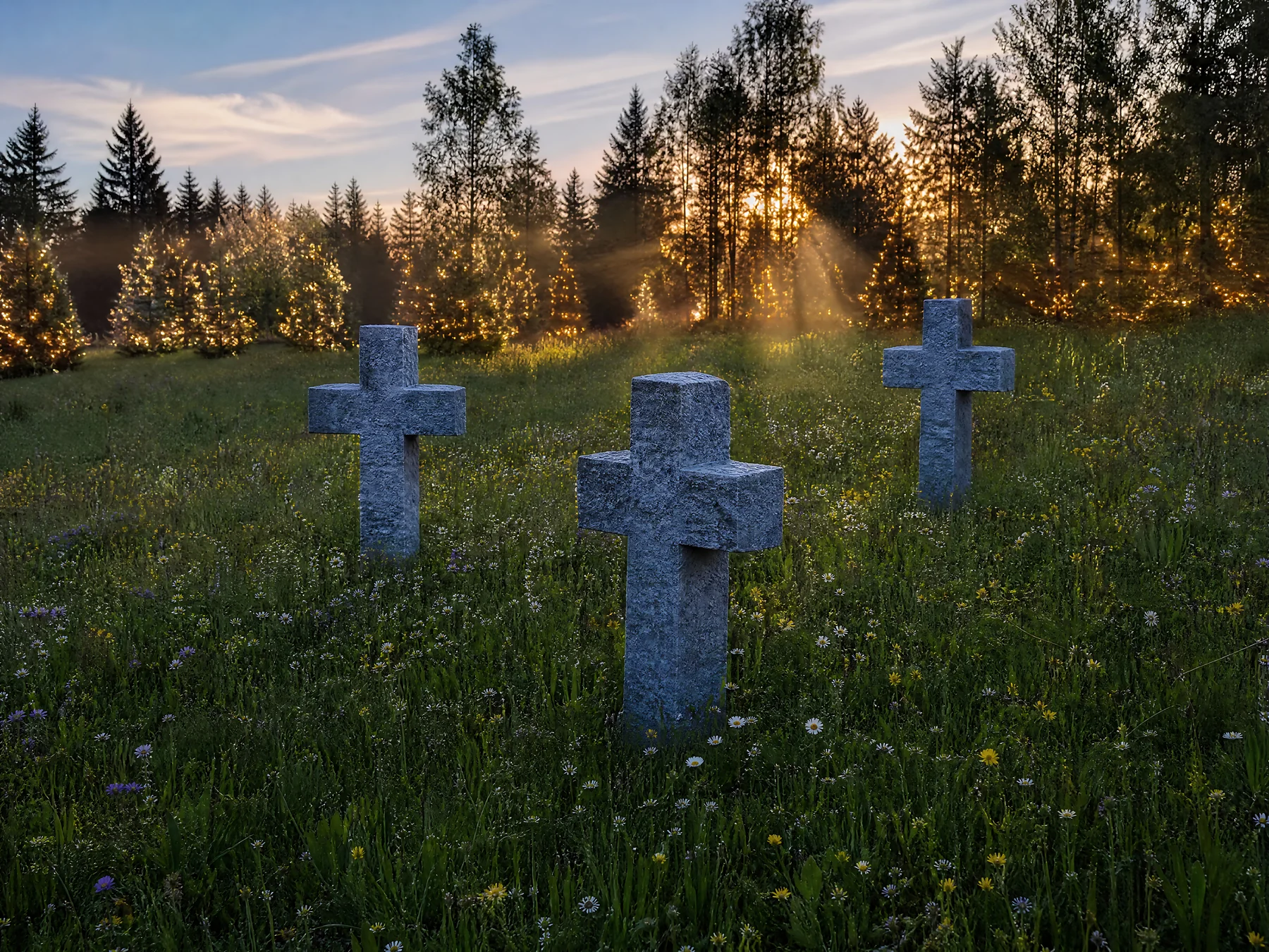 Christian crosses in secluded meadow with sunbeams - AI-generated stock image
