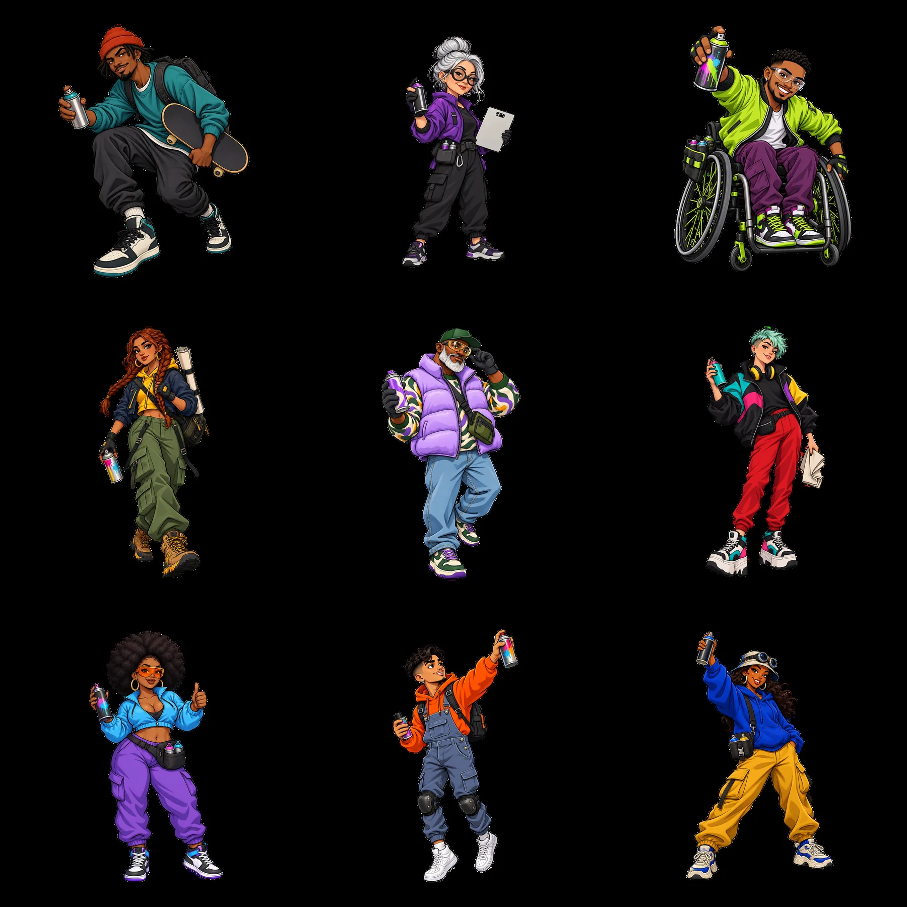 Cartoon characters in streetwear with spray paint in urban style - AI-generated stock image