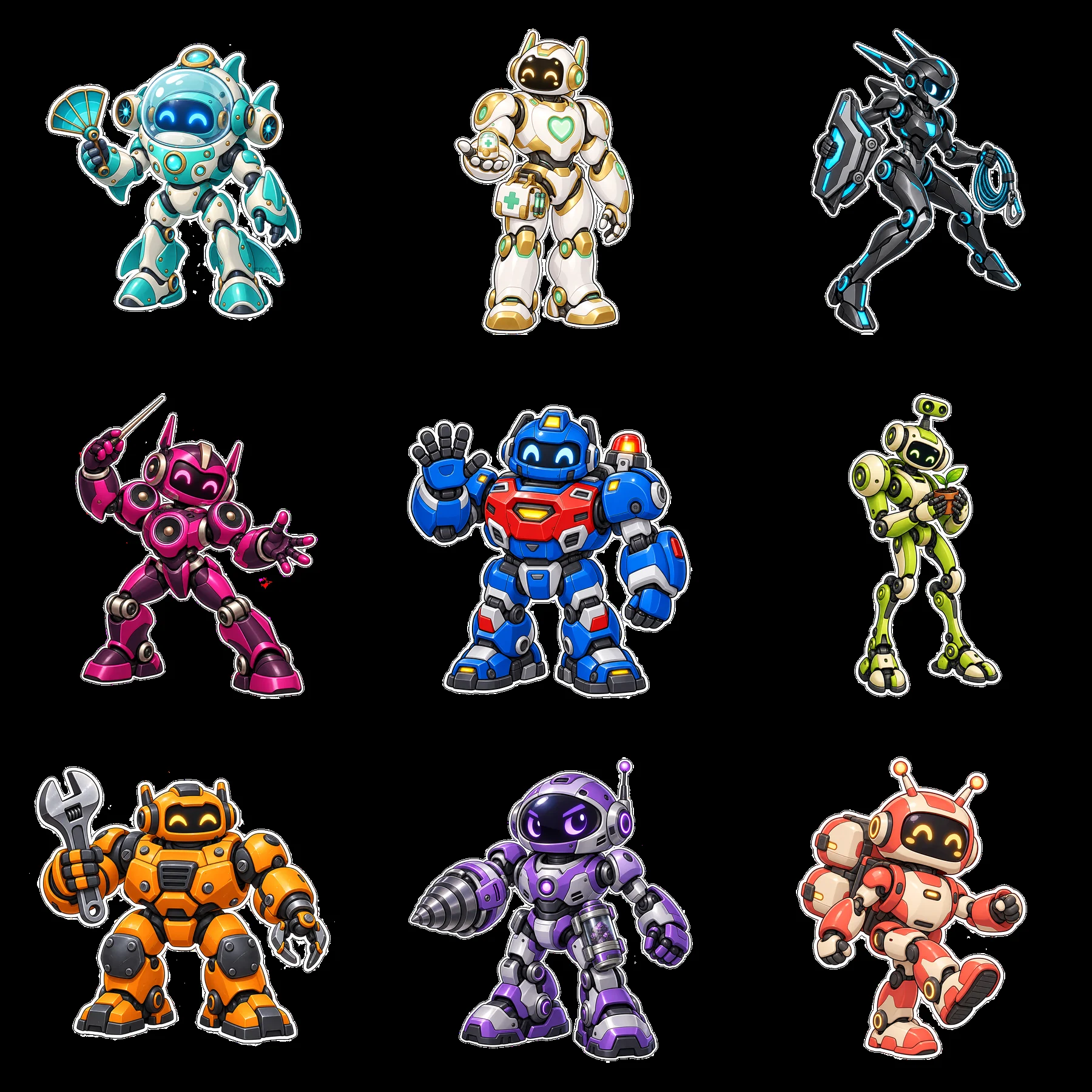 Colorful mech robots in a 3x3 grid layout with diverse designs - AI-generated stock image