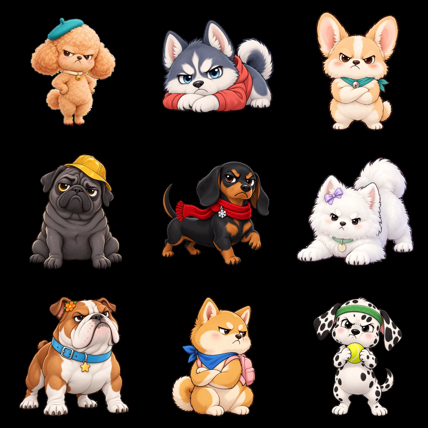 Kawaii grumpy dogs in a 3x3 cartoon sticker layout - AI-generated stock image