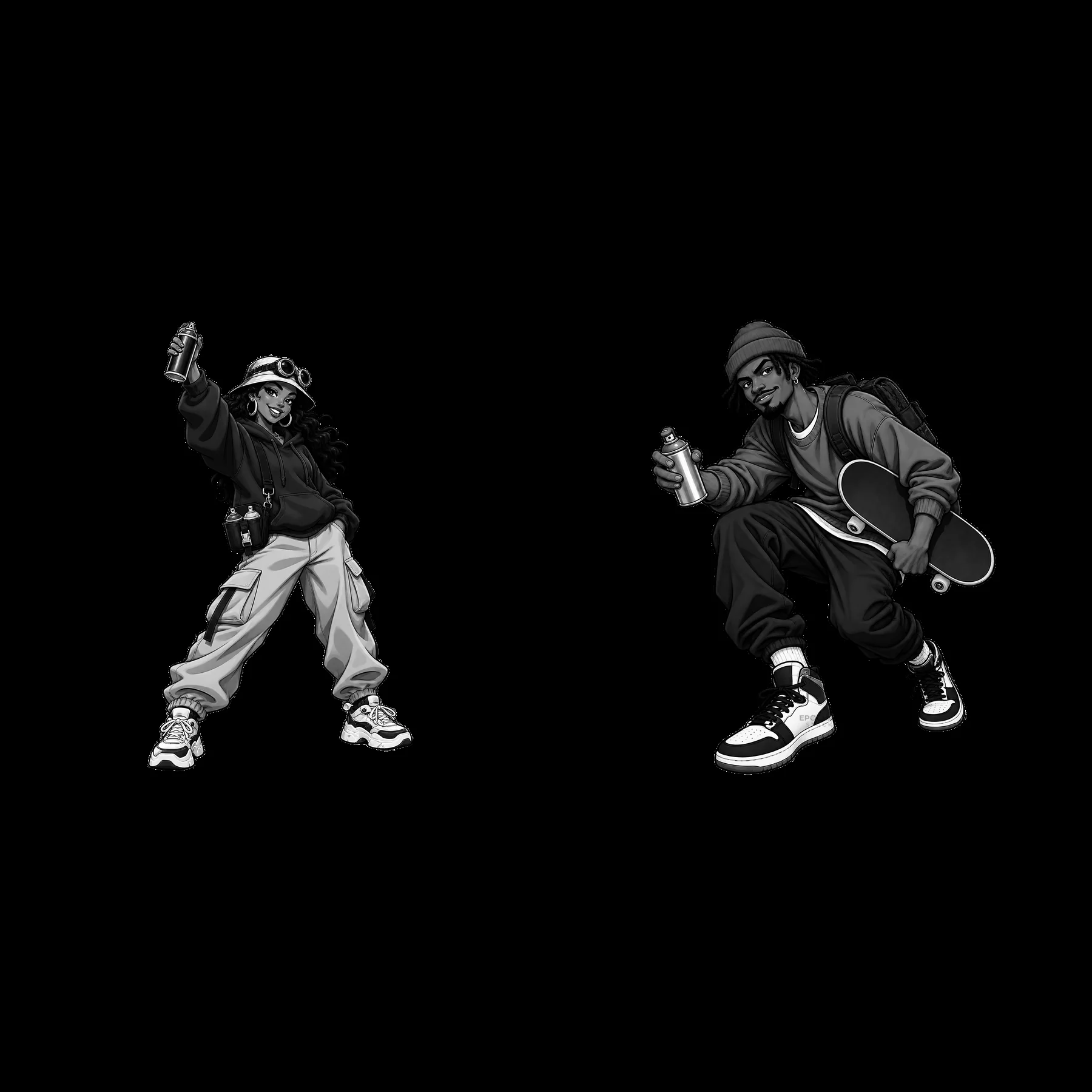 Graffiti sprayers with spray cans and skateboard in streetwear - AI-generated stock image