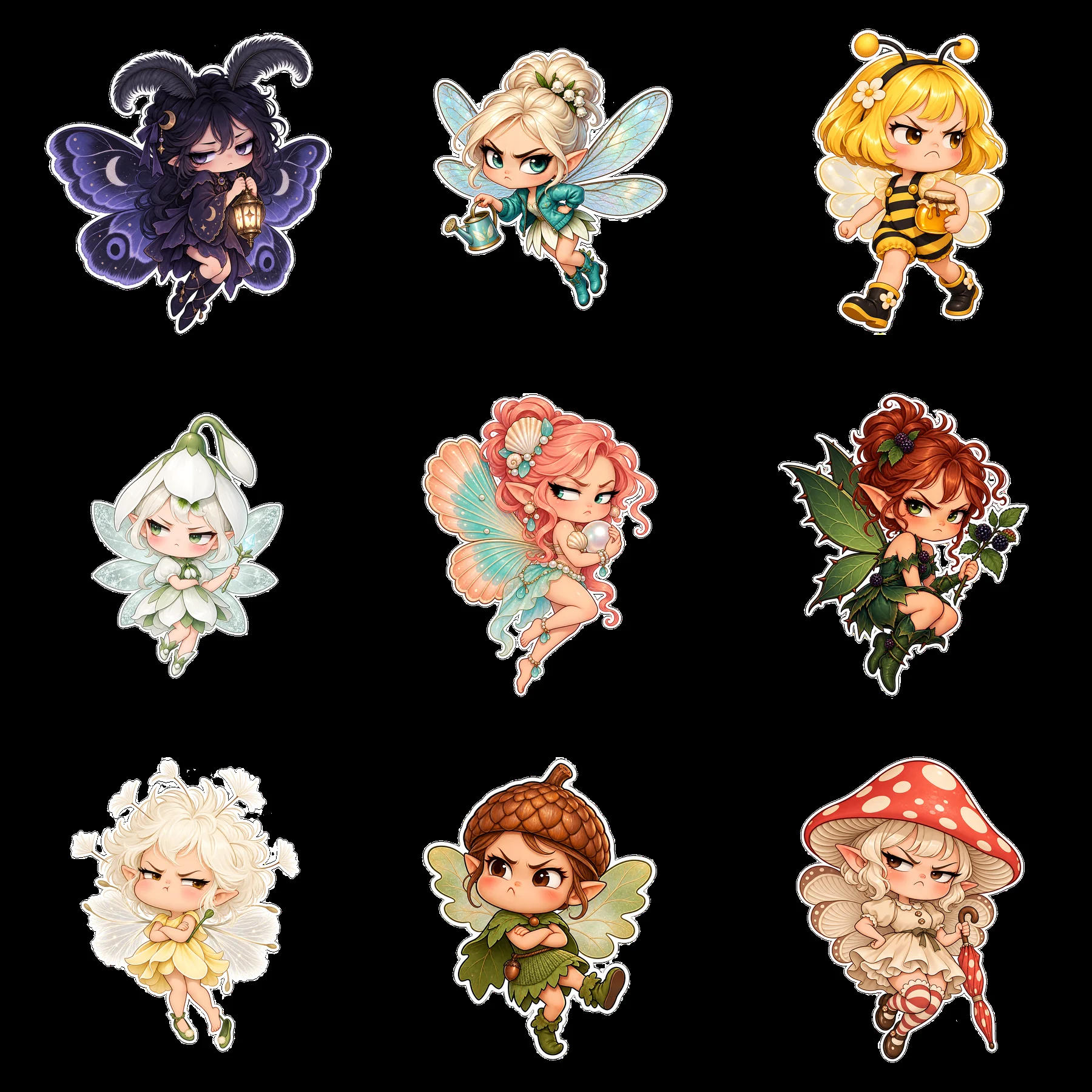 Grumpy kawaii fairies in a 3x3 grid with unique styles and colors - AI-generated stock image