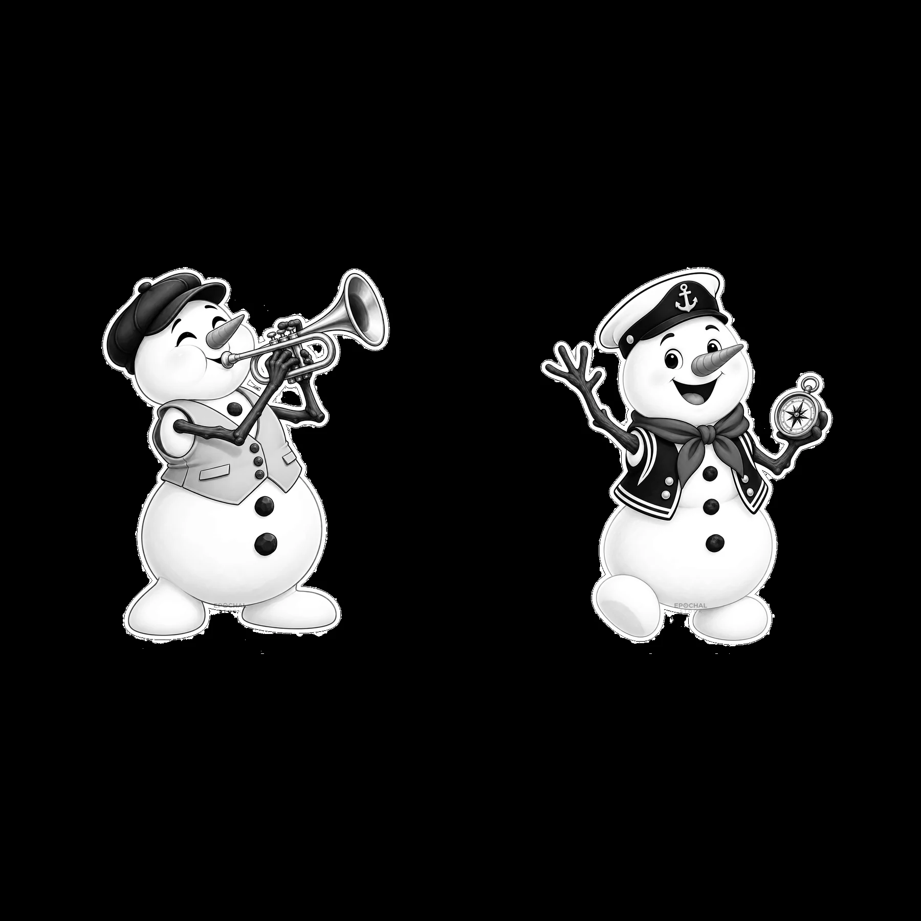 Snowmen playing trumpet and holding compass in black and white - AI-generated stock image