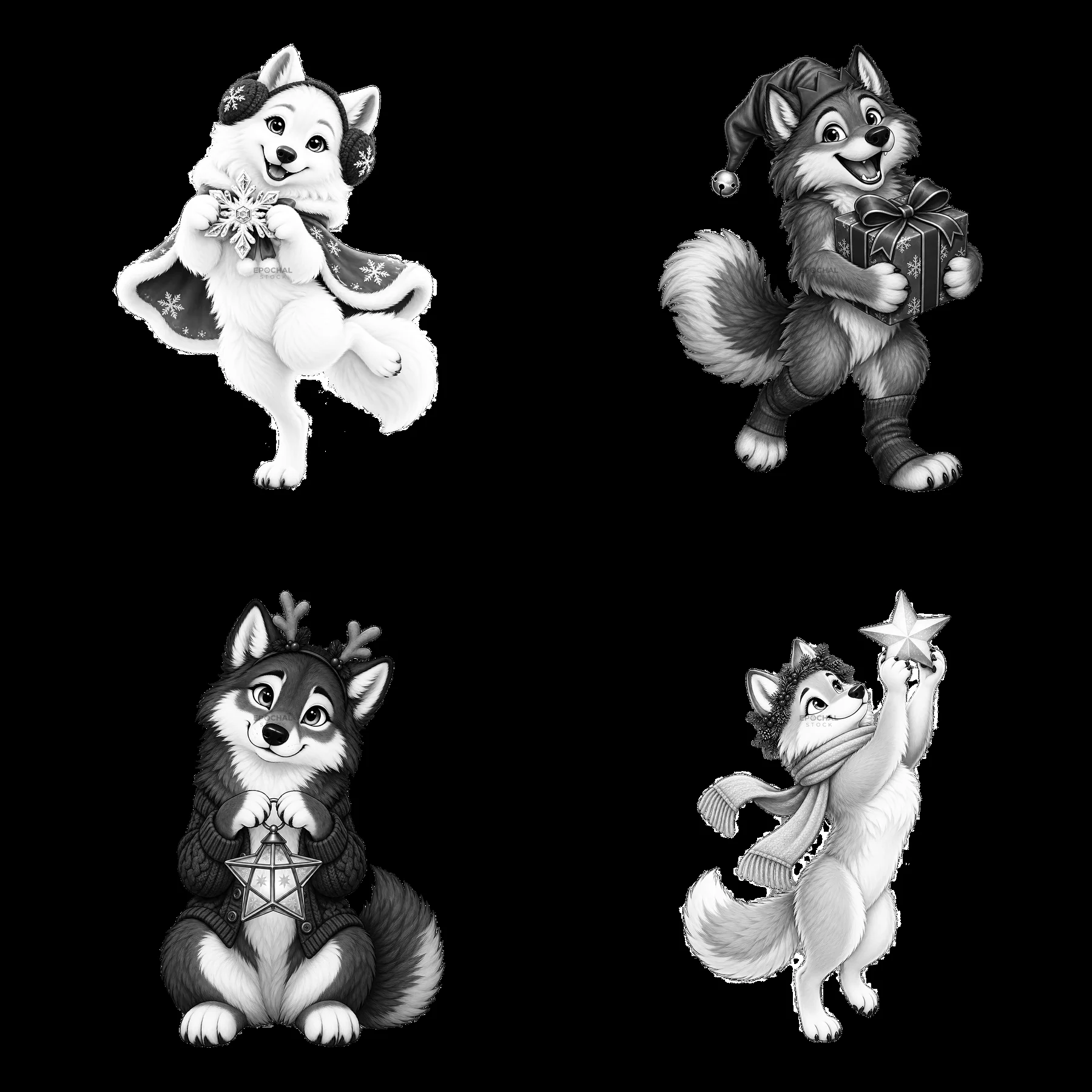 Christmas wolves with gifts and decorations in monochrome art - AI-generated stock image