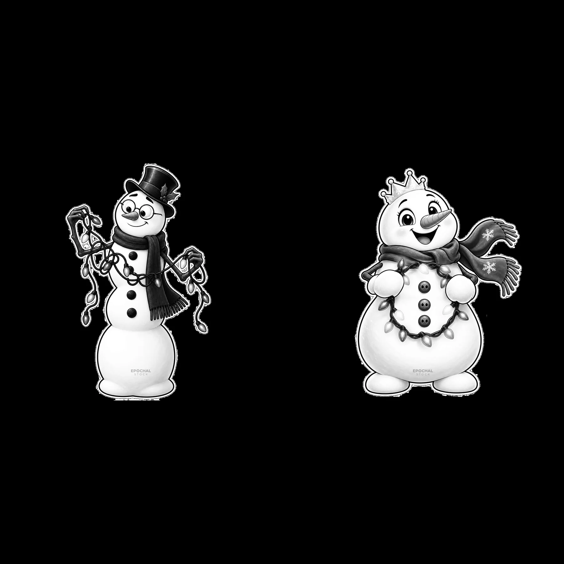 Snowman with string lights wearing hats and scarves in a pair - AI-generated stock image