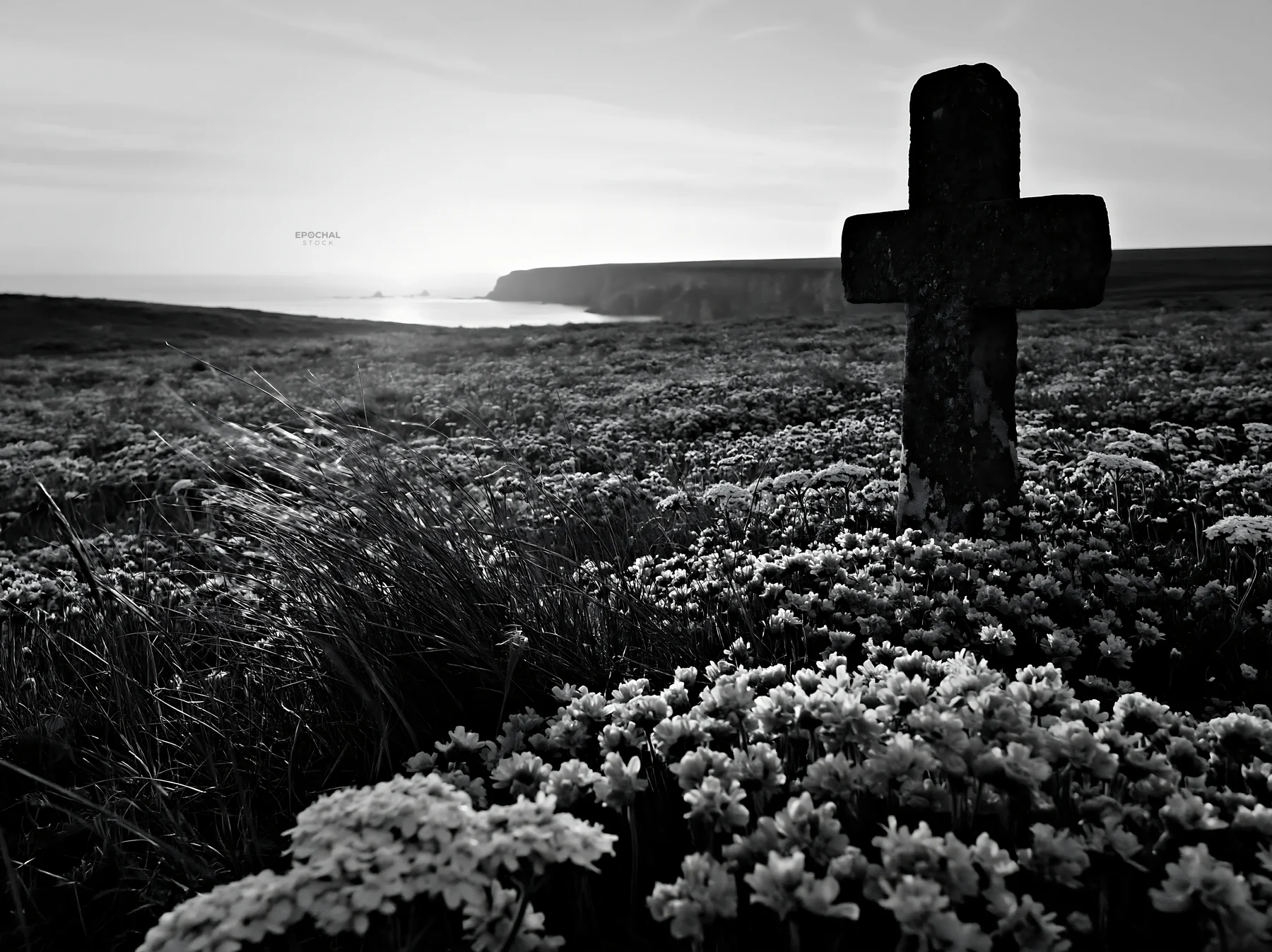 Christian cross in meadow with sunrise over coastline - AI-generated stock image