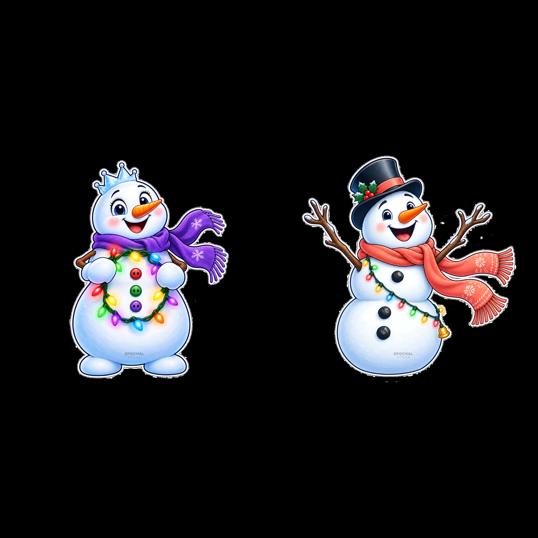Snowmen with Christmas lights wearing scarves and hats - AI-generated stock image